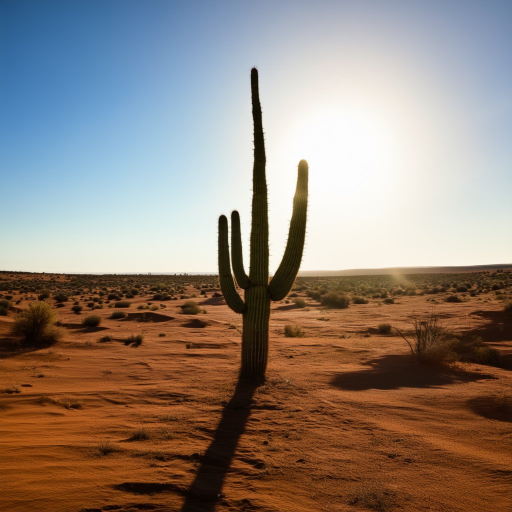 A lone cactus stands tall in the desert, its spiny branches reaching towards the sky. The sun casts a harsh, bright light on the scene, highlighting the cactus's rugged texture against the vast, sandy landscape. The composition focuses on the cactus, with the expansive desert stretching out in the background, emphasizing its solitary existence.