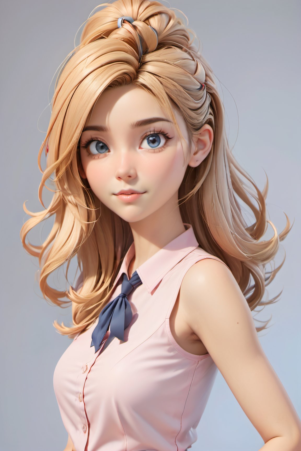 3d toon style, hair between eyes, sleeveless, blush, blonde hair, lanyard, tying hair, hair tie in mouth, pencil skirt, blue skirt, shirt, 1girl, looking at viewer, office lady, armpits, grey eyes, mouth hold, adjusting hair, sleeveless shirt, white background, solo, skirt, id card, simple background, pink shirt, sitting, arms up
