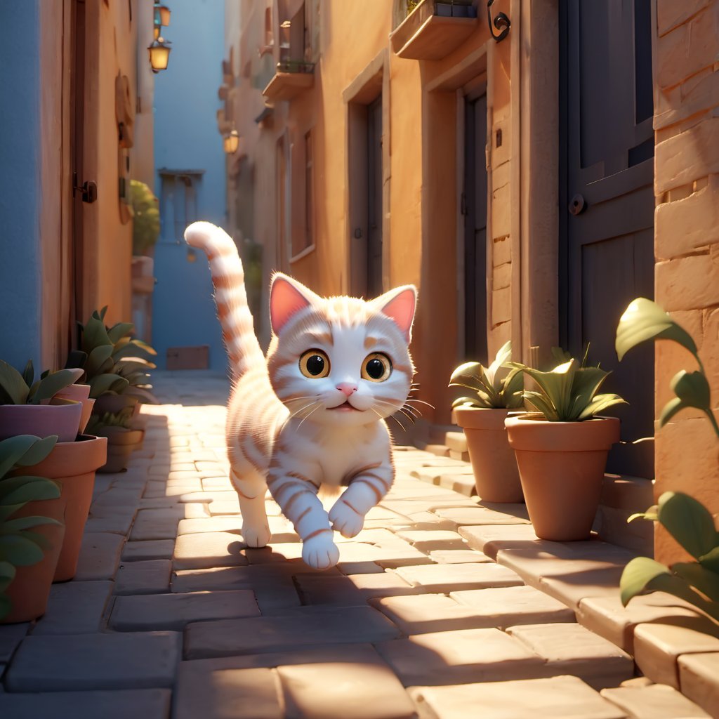 3d style,3D render,kitten , small cat, shadow, running , walkway, animated