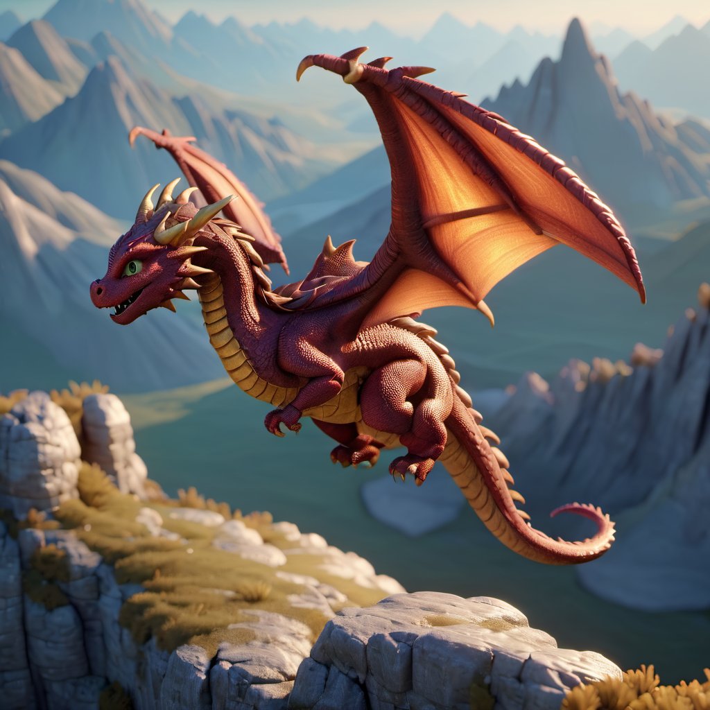 3d style,3D render,dragon, small dragon, wings,shadow, flying, mountains, animated