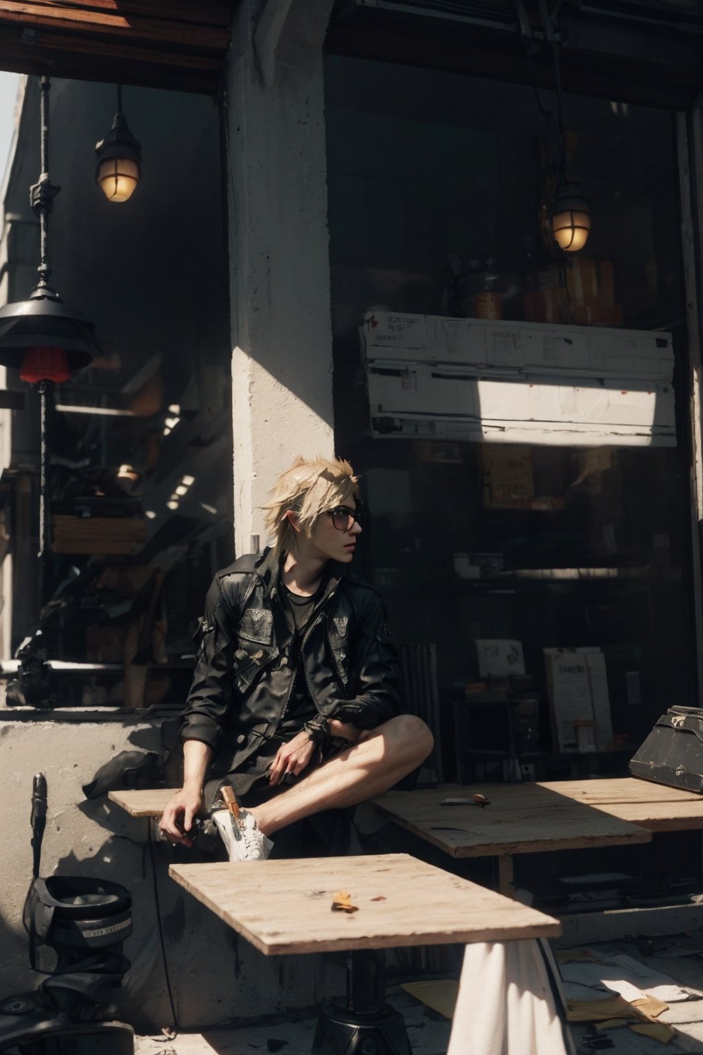 a 30 yo man, handsome, ginger long hair, wearing glasses, dark theme, black_clothing, hold in hand a cigarette, soothing tones, muted colors, high contrast, (natural skin texture, hyperrealism, soft light, sharp), blue background, simple background, shine, (((urban techwear))), techwear:1.4,(((prompto argentum))), ffxiv:1.4, cinematic, movie still, detailed_hand, realistic,
