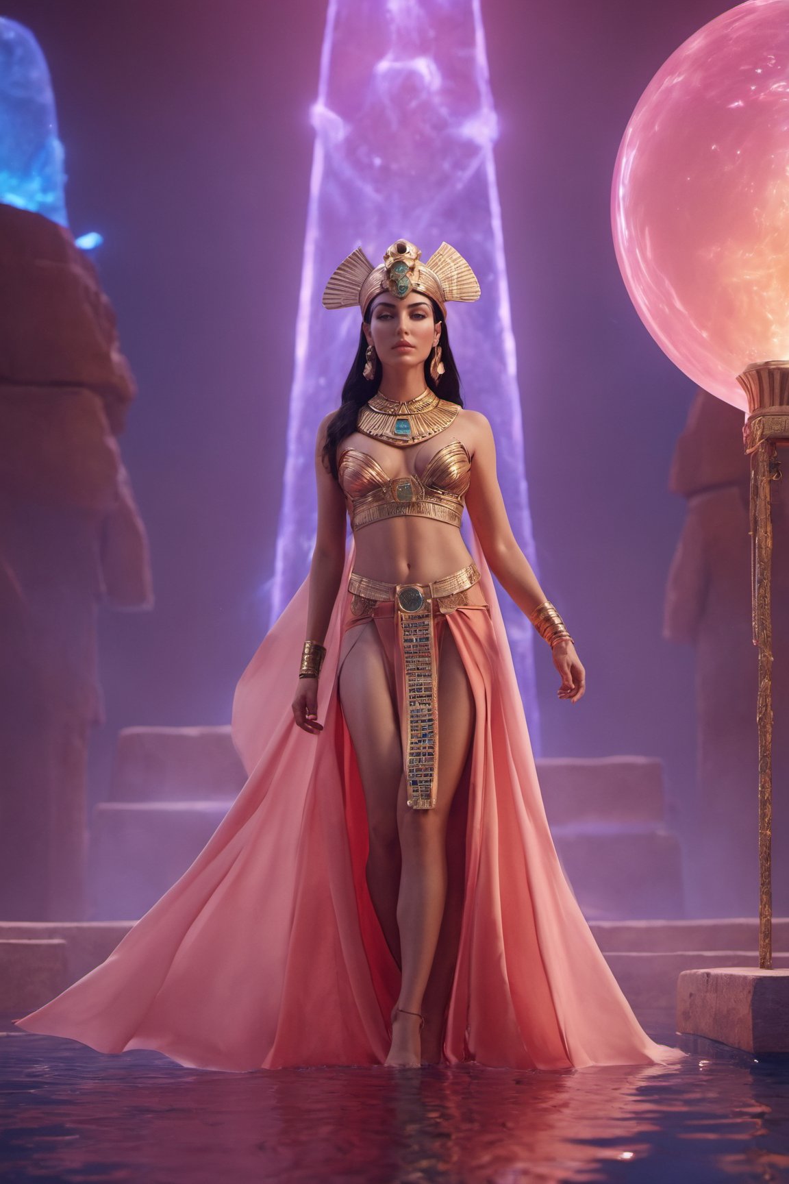 (in Egypt), (Egyptian gods), (Coral Pyramid Egypt behind), (character Isis), egyptian style, ((full body)), fire as part of human body, blonde_hair, nature, detailed makeup egyptian style, subsurface scattering, transparent, translucent skin, glow, bloom, Bioluminescent liquid,3d style,cyborg style,Movie Still,Leonardo Style, warm color, vibrant, volumetric light, xxmix_girl, Monica Bellucci, realistic skin:1.5, dfdd, (translucent blooms), aw0k, (((floating energy bubbles))), Floating:1.5, huayu, dancing, 6000, LostRuins, scenery, Dark