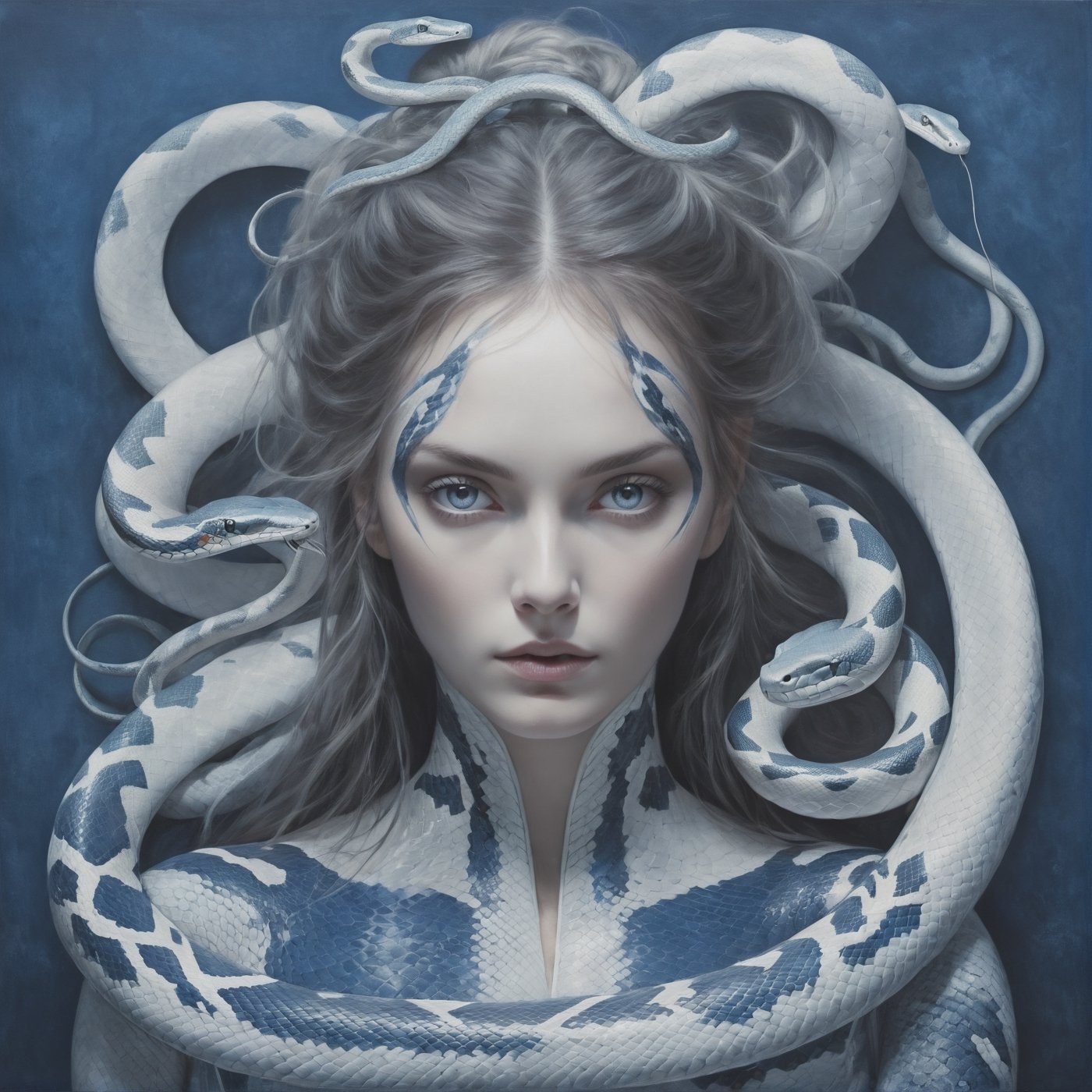 ((A woman meditation)), straight hair, painting blue and white porcelain pattern, serene, slay, ((perfect eyes, snake_portal_aura:1.5)), body painting, (pattern theme, painting pattern skin), (spiral giant white snake, Ouroboros), accent lighting, photorealistic, octane render, 8K, sharp focus, promptshare.art, ((matrix background)), hyper details, realistic skin, aesthetic portrait, nake cover skin, medium shot, Gric, symmetry, ghost person