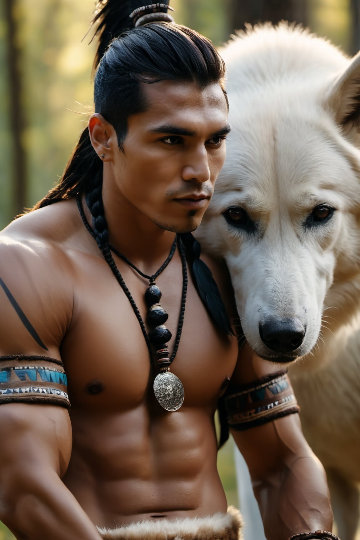 Cinematic of handsome Native Americans, Tribal warrior, brown_skin:1.2, with shaman tattoo, realistic skin, (Tribal bird feather hat), long black hair, dressed in typical tribal warrior clothing, realistic muscle | (((Giant  White Wolf from behind a man))), the wolf is bigger than the man, Cinematographic, In the middle of a deep and dark forest. Leonardo Style, realistic film shot in natural light, best quality, 8k, detailed hand, detailed finger, high detail, accessory details, cover_foot, Film Still, (Depth of field:1.3), Bokeh light, glowing,male, ((full_body shot)), (proud stance:1.5), (together)