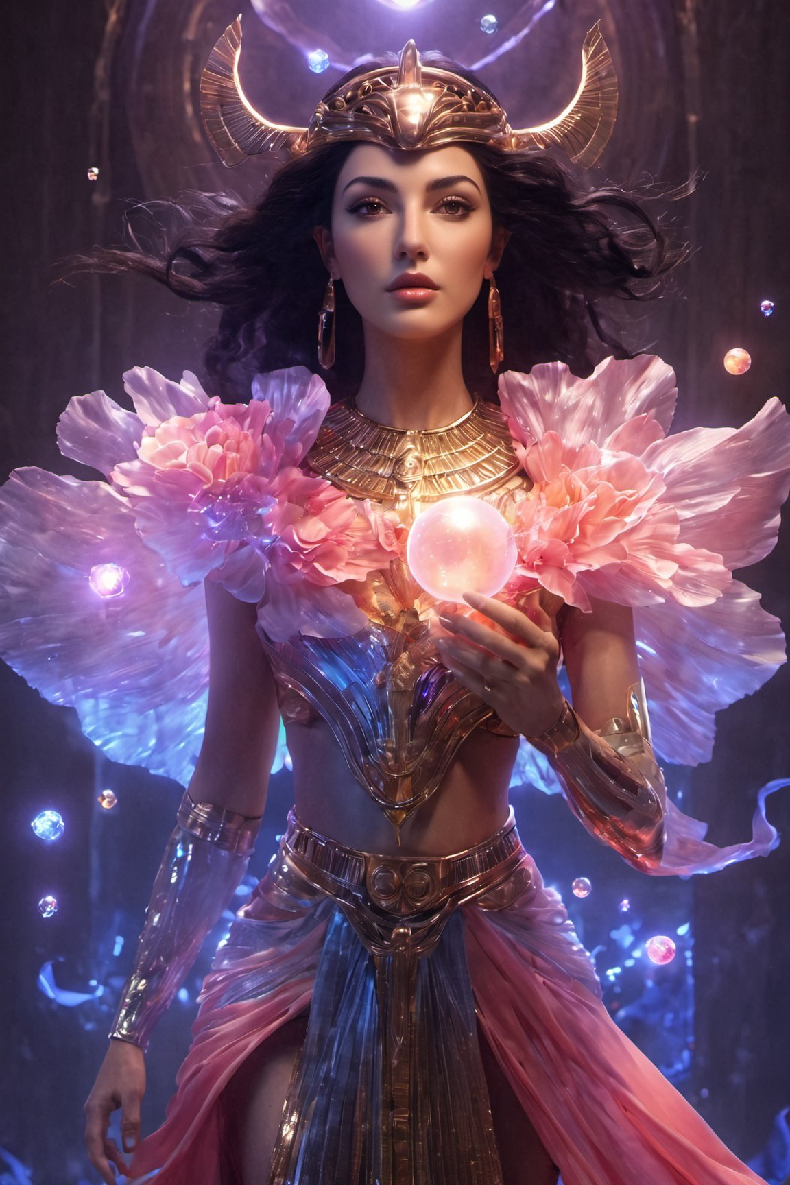 (in Egypt), (Egyptian gods), (Coral Pyramid Egypt behind), (character Isis), egyptian style, ((full body)), fire as part of human body, black_hair, (aura sapphire eyes glow), nature, detailed makeup egyptian style, subsurface scattering, transparent, translucent skin, glow, bloom, Bioluminescent liquid,3d style,cyborg style,Movie Still,Leonardo Style, warm color, vibrant, volumetric light, xxmix_girl, Monica Bellucci, realistic skin:1.5, dfdd, (translucent blooms), aw0k, (((floating energy bubbles))), Floating:1.5, huayu, dancing, 6000, LostRuins, scenery, Dark