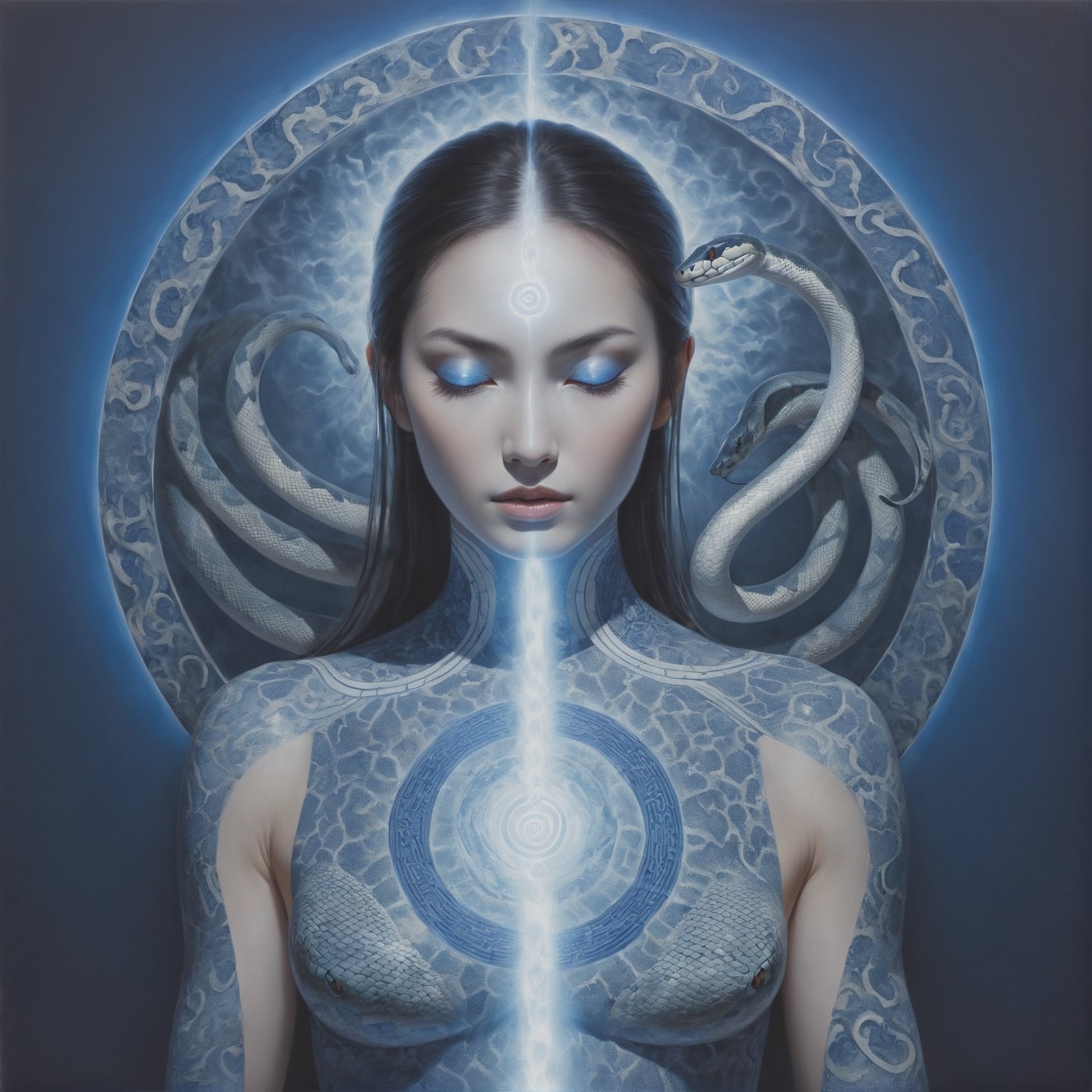 ((A woman meditating mantra)), straight hair, painting blue and white porcelain pattern, serene, slay, ((perfect face, upper_body, glowing eyes, chakra, snake_portal_aura:1.5)), body painting, (oriental pattern theme, painting oriental pattern skin), (spiral giant white snake, Ouroboros:1.5), accent lighting, photorealistic, octane render, 8K, sharp focus, promptshare.art, ((oriental background)), hyper details, realistic skin, aesthetic portrait, nake cover skin, medium shot, Gric, symmetry, ghost person, 