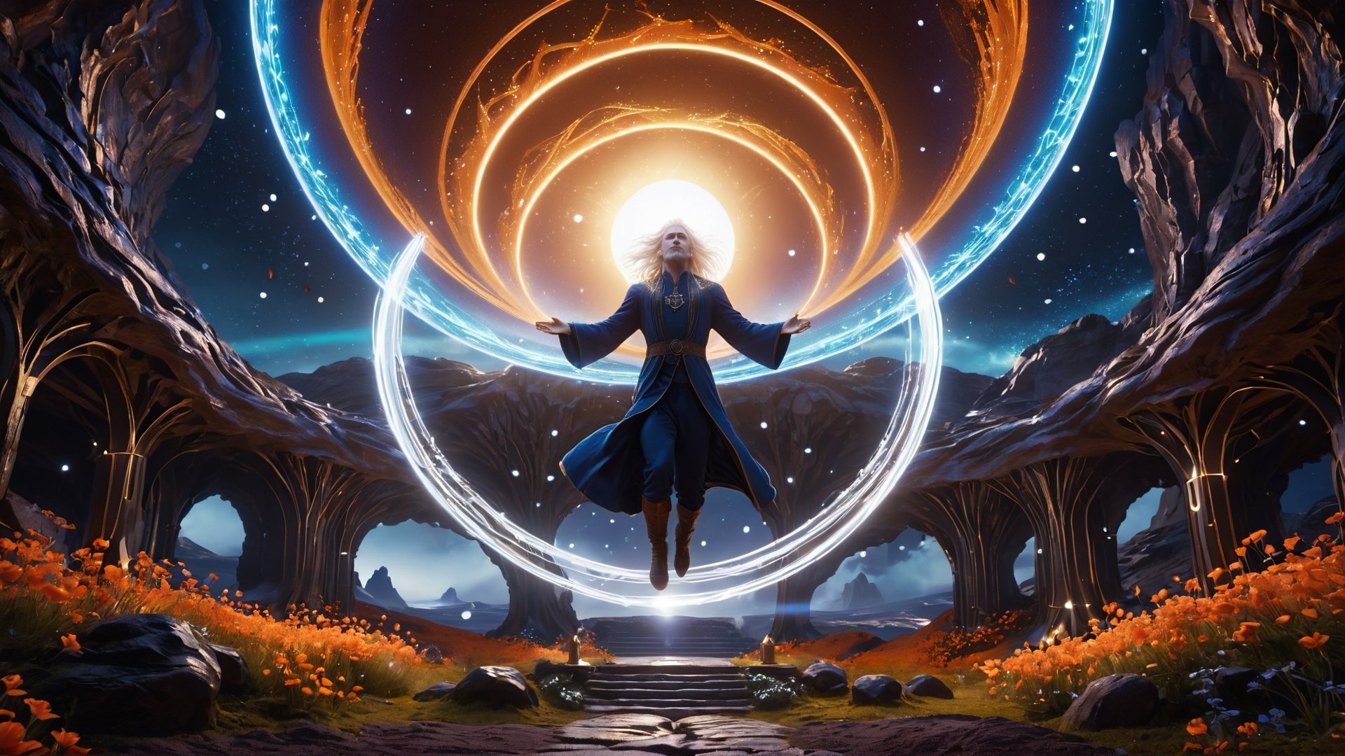 (Cinematic of a zen man Nordic kind, white long hair, he_levitating:2, he flying, calm, upper_body. Wearing Blue Outfit Dune style, serene, center), inside a deep orange Cave, perfect knuckles, holding a hovering Cristal sharpen, cultivating immortals, magical, abstract, dark, (swirling_lights:2), bloom, floating objects, Accient Tree of Life, light on top heaven, ((Epic scene, gate energy)), refers to a place of wild uproar or chaos, polarization, Glowing, aura, energy, floating debris. Modern art style, promptshare.art, horrible scene, Film Still, realistic, Frequency vibration, hyper details, Renaissance Sci-Fi Fantasy, ((((Close-up_shot:2)))