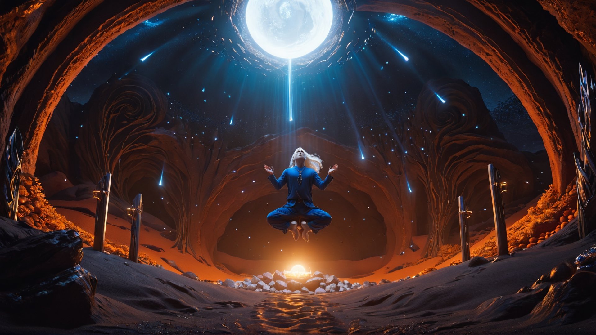 (Cinematic of a zen master Nordic man kind, white long hair, hovering body, meditate. Wearing Blue Outfit Dune style, serene), inside a deep orange Cave, perfect knuckles, holding a hovering Cristal sharpen, light on top heaven, ((Epic scene, gate energy)), refers to a place of wild uproar or chaos, polarization, Glowing, aura, energy, floating debris. Modern art style, promptshare.art, horrible scene, Film Still, realistic, Frequency vibration, hyper details, Renaissance Sci-Fi Fantasy, (Close up shot,Low Angle)