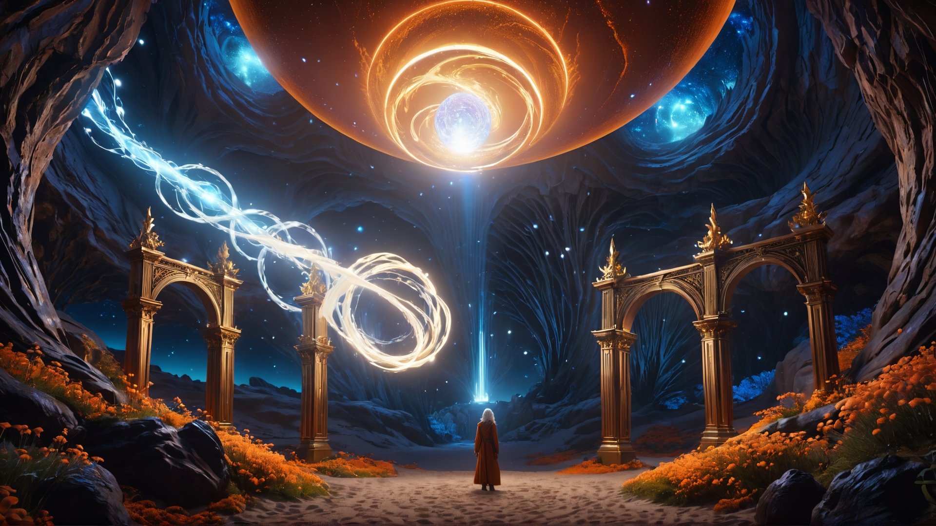 (Cinematic of a zen man Nordic kind, white long hair, he_levitating:2, he flying, calm. Wearing Blue Outfit Dune style, serene, center), inside a deep orange Cave, perfect knuckles, holding a hovering Cristal sharpen, cultivating immortals, magical, abstract, dark, (swirling_lights:1.7), bloom, floating objects, Accient Tree of Life, light on top heaven, ((Epic scene, gate energy)), refers to a place of wild uproar or chaos, polarization, Glowing, aura, energy, floating debris. Modern art style, promptshare.art, horrible scene, Film Still, realistic, Frequency vibration, hyper details, Renaissance Sci-Fi Fantasy, ((((Close-up shot:2)))