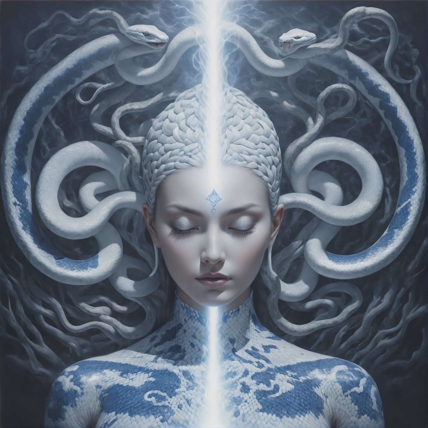 ((A woman meditating)), straight hair, painting blue and white porcelain pattern, serene, slay, ((perfect face, upper_body, glowing eyes, crown chakra)), (snake_portal_aura:1.5), body painting, (oriental pattern theme, painting pattern skin), (spiral giant white snake, Ouroboros:1.5), accent lighting, photorealistic, octane render, 8K, sharp focus, promptshare.art, ((aura buddha background)), hyper details, realistic skin, aesthetic portrait, nake cover skin, medium shot, Gric, symmetry, ghost person, 