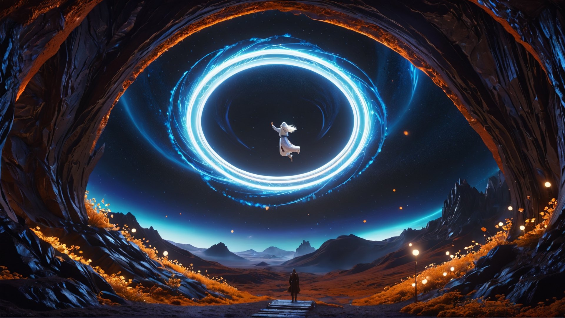 (Cinematic of a zen man Nordic kind, white long hair, he_levitating:2, he flying, calm. Wearing Blue Outfit Dune style, serene, center), inside a deep orange Cave, perfect knuckles, holding a hovering Cristal sharpen, cultivating immortals, magical, abstract, dark, (swirling_lights:1.7), bloom, floating objects, iron deer, light on top heaven, ((Epic scene, gate energy)), refers to a place of wild uproar or chaos, polarization, Glowing, aura, energy, floating debris. Modern art style, promptshare.art, horrible scene, Film Still, realistic, Frequency vibration, hyper details, Renaissance Sci-Fi Fantasy, ((((Close-up shot:2)))