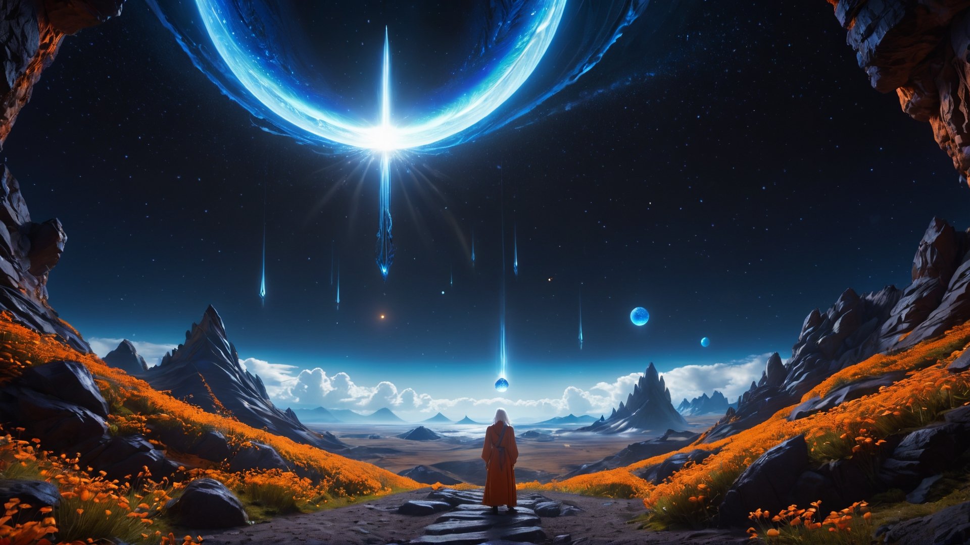 (Cinematic of a zen master Nordic man kind, white long hair, hovering body, meditate. Wearing Blue Outfit Dune style, serene), inside a deep orange Cave, perfect knuckles, holding a hovering Cristal sharpen, magical, abstract, dark, swirling lights, bloom, floating object, light on top heaven, ((Epic scene, gate energy)), refers to a place of wild uproar or chaos, polarization, Glowing, aura, energy, floating debris. Modern art style, promptshare.art, horrible scene, Film Still, realistic, Frequency vibration, hyper details, Renaissance Sci-Fi Fantasy, (Closeup_shot:2, Low Angle)