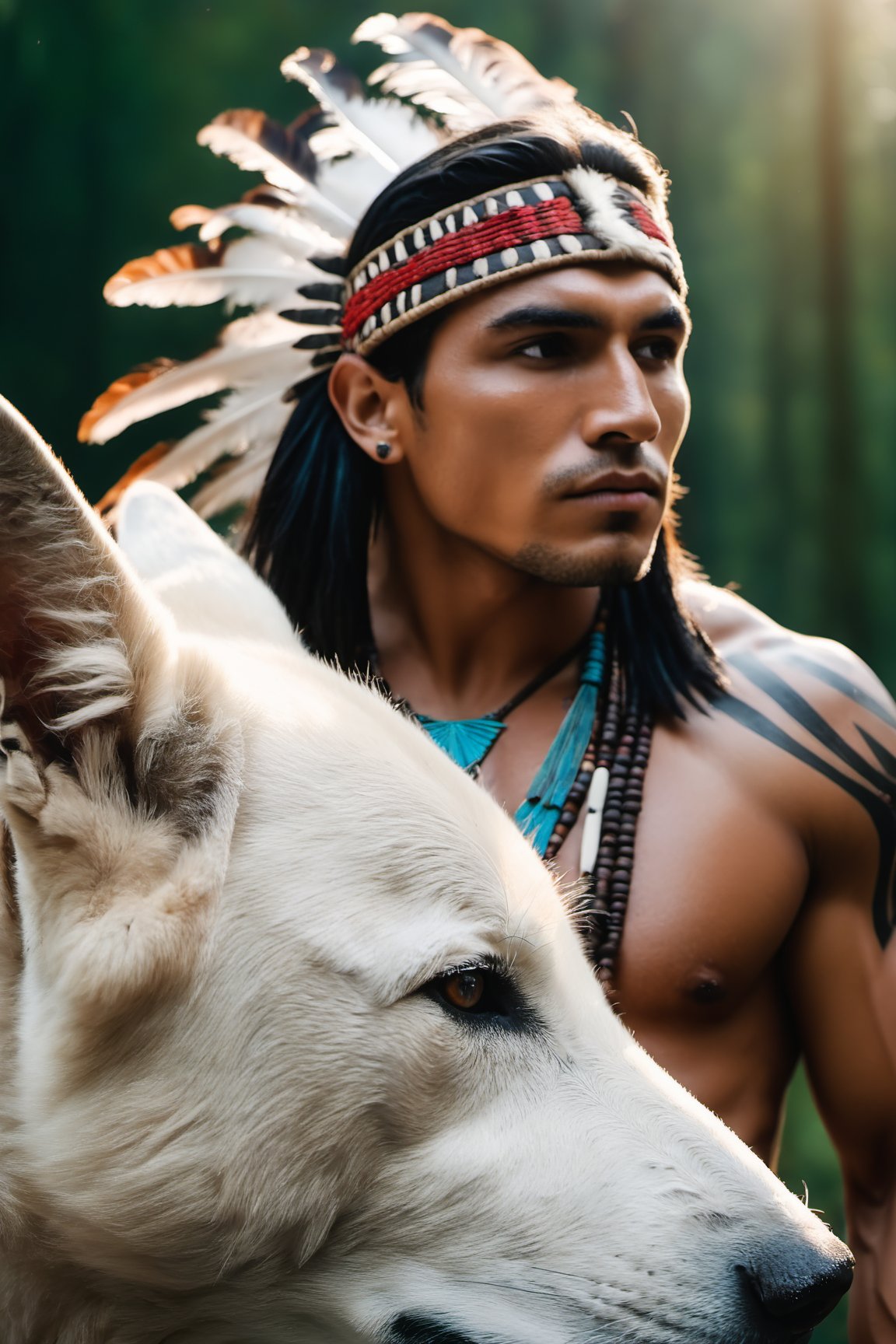 Cinematic of handsome Native Americans, Tribal warrior, brown_skin:1.2, with shaman tattoo, realistic skin, (Tribal bird feather hat), long black hair, dressed in typical tribal warrior clothing, realistic muscle | (((Giant  White Wolf from behind a man))), the wolf is bigger than the man, Cinematographic, In the middle of a deep and dark forest. Leonardo Style, realistic film shot in natural light, best quality, 8k, detailed hand, detailed finger, high detail, accessory details, cover_foot, Film Still, (Depth of field:1.3), Bokeh light, glowing,male, ((full_body shot)), (proud stance:1.5), (together)