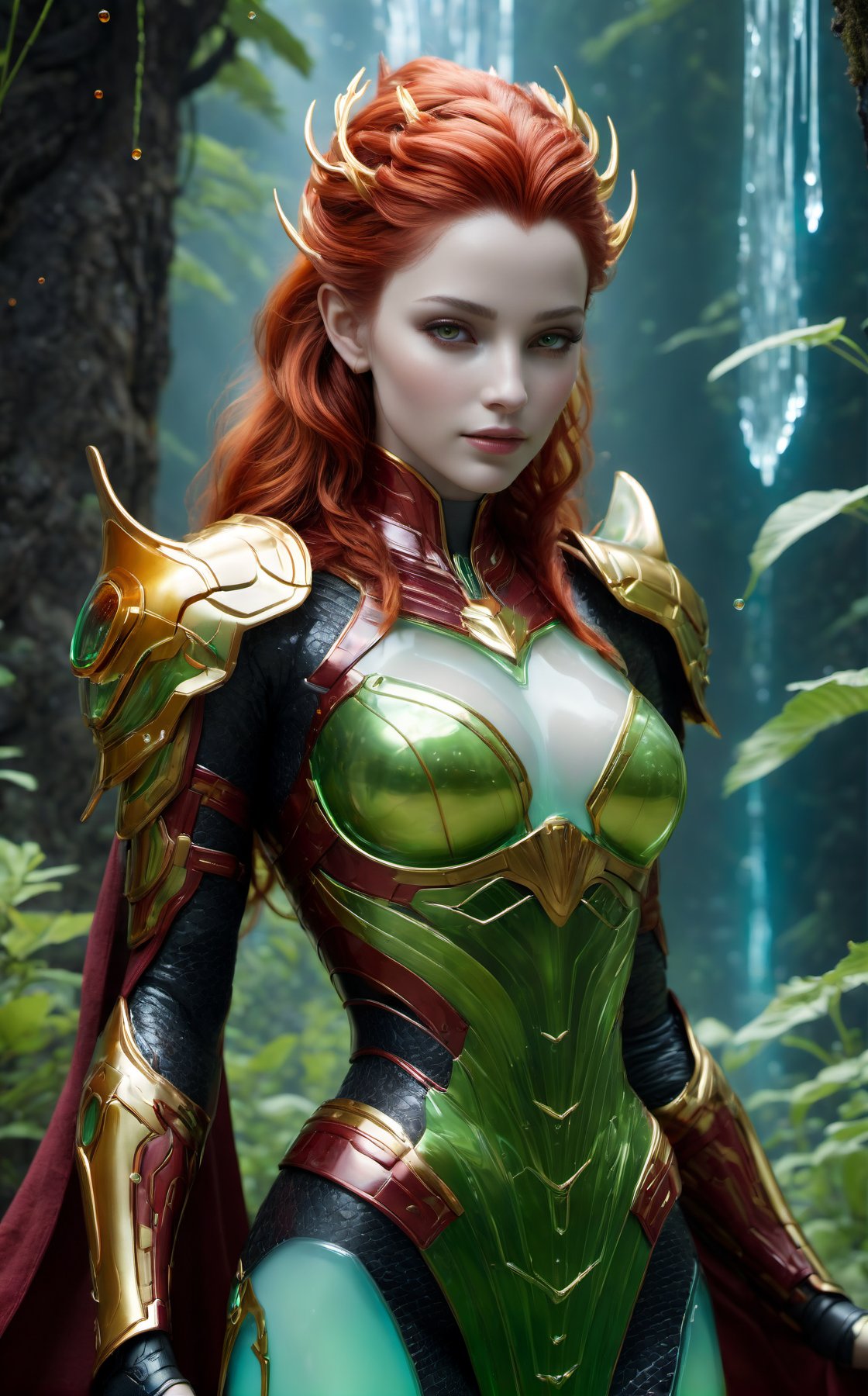 Realistic Photography of beautiful girl. Child of the earth. The queen. Standing in the air. (hovering:1.3), (levitate:1.3). Waterfall forest. The queen has a perfect detailed face, realistic, ((amber glowing eyes:1.5)), glowing energy forcefield, ((big breasts:1.4)). The frozen human body, nature, subsurface scattering, transparent, translucent skin, glow_in_the_dark, bloom. Bioluminescent green and red liquid, Leonardo Style, warm color, vibrant, volumetric light, transparent helmet, stunning realistic photograph fantasy art character, full body, octane render, intricately detailed, trending on artstation, Hiperrealistic, hand drawn, dark:1.3, gritty, hight definition, neoprene, behance contest winner, ultra high definition, 8k, unreal engine 5, ultra sharp focus, intricate artwork masterpiece, epic, TanvirTamim, by artgerm, vibrant, mechanical_arms, alien_skin, (Transparent bio armor:2), Alien_humanoid, ((depth of field:1.5)), Movie Still, Film Still, Cinematic