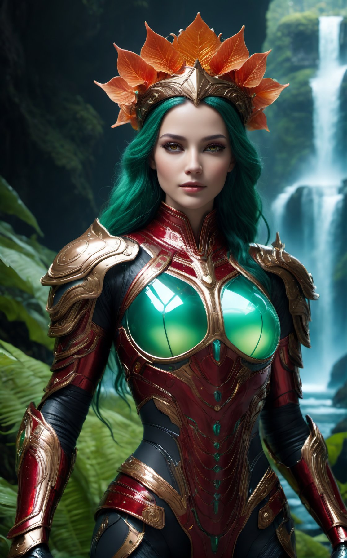 Realistic Photography of beautiful girl. Child of the earth. The queen. Standing in the air. (hovering:1.3), (levitate:1.3). Waterfall forest. The queen has a perfect detailed face, realistic, ((amber glowing eyes:1.5)), glowing energy forcefield, ((big breasts:1.4)), the frozen human body, nature, subsurface scattering, transparent, translucent skin, glow, bloom. Bioluminescent green and red liquid, Leonardo Style, warm color, vibrant, volumetric light, helmet cyborg crown, stunning realistic photograph fantasy art character, full body, octane render, intricately detailed, trending on artstation, Hiperrealistic, hand drawn, dark:1.3, gritty, hight definition, neoprene, behance contest winner, ultra high definition, 8k, unreal engine 5, ultra sharp focus, intricate artwork masterpiece, epic, TanvirTamim, by artgerm, vibrant, mechanical_arms, alien_skin, (Transparent bio armor:2), Alien_humanoid, ((depth of field:1.5)), Movie Still, Film Still, Cinematic