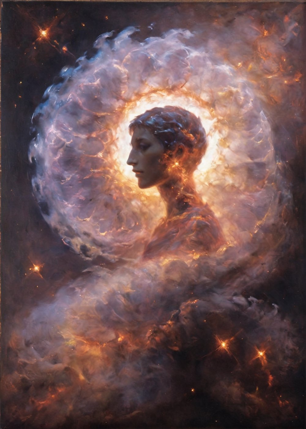 oil paint of the human shape is unclear, rebirth, illutrator, ((Spiral_face:2)), ((glowing inner body)), the separation of object shapes, (Overexposure effect, overlapping objects). Tulpa, glowing of soul, abrstact style, dark, sharpen, Spiral smoke, Spiral clouds, gold, black, white, source light, ((facing something big)), promptshare.art, universe, spectral, (((Glowing aura))), neon_genesis_evangelion, variegated,ouka_studio,oil painting