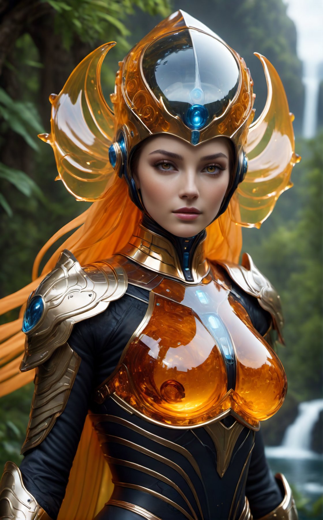 Realistic Photography of beautiful girl. Child of the earth. The queen. Standing in the air. (hovering:1.3), (levitate:1.3). Waterfall forest. The queen has a perfect detailed face, realistic, ((amber glowing eyes:1.5)), glowing energy forcefield, ((big breasts:1.4)). The frozen human body, nature, subsurface scattering, translucent skin, glow_in_the_dark, bloom. Bioluminescent orange and transparent liquid, Leonardo Style, warm color, vibrant, volumetric light, transparent helmet, stunning realistic photograph fantasy art character, full body, octane render, intricately detailed, trending on artstation, Hiperrealistic, hand drawn, dark:1.3, gritty, hight definition, neoprene, behance contest winner, ultra high definition, 8k, unreal engine 5, ultra sharp focus, intricate artwork masterpiece, epic, TanvirTamim, by artgerm, vibrant, mechanical_arms, alien_skin, (Transparent bio armor:2), Alien_humanoid, ((depth of field:1.5)), Movie Still, Film Still, Cinematic