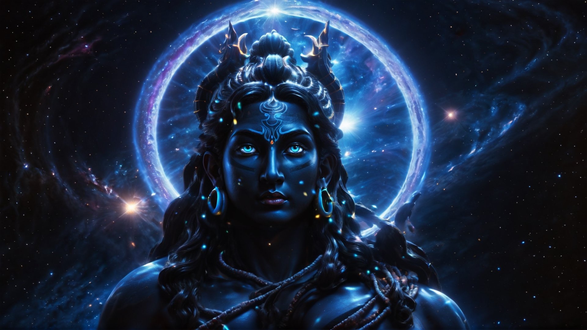 (((Cinematic a transparent of giant Lord Shiva's face in universe:2))), serene, Epic scene, God of destruction, stars, galaxy surround, (galaxy_way_spiral:1.5), glowing, aura, floating objects, magnetic field, sprial, spectral, astral