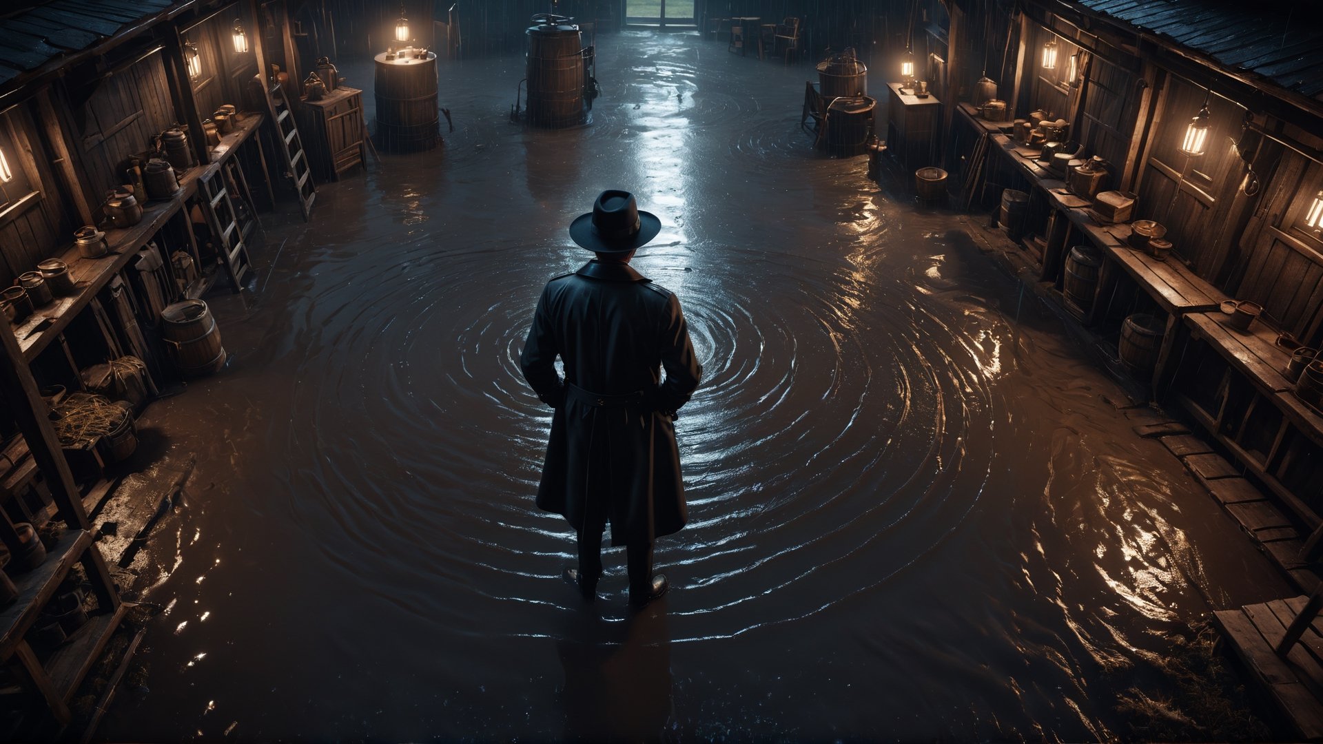(((view from above, looking down))), Cinematic of team man in black coats, Fedora hat, standing around a person lay down on stable, wet, mire, close up shot, dark scene, heavy rain, mid-century. Film Still, realistic, dark color, hyper details, ((center:1.5)), top_view:2, circle, Masterpiece, 8k Resolution Artstation, Unreal Engine 5, Cgsociety, Octane Photograph, sharp focus