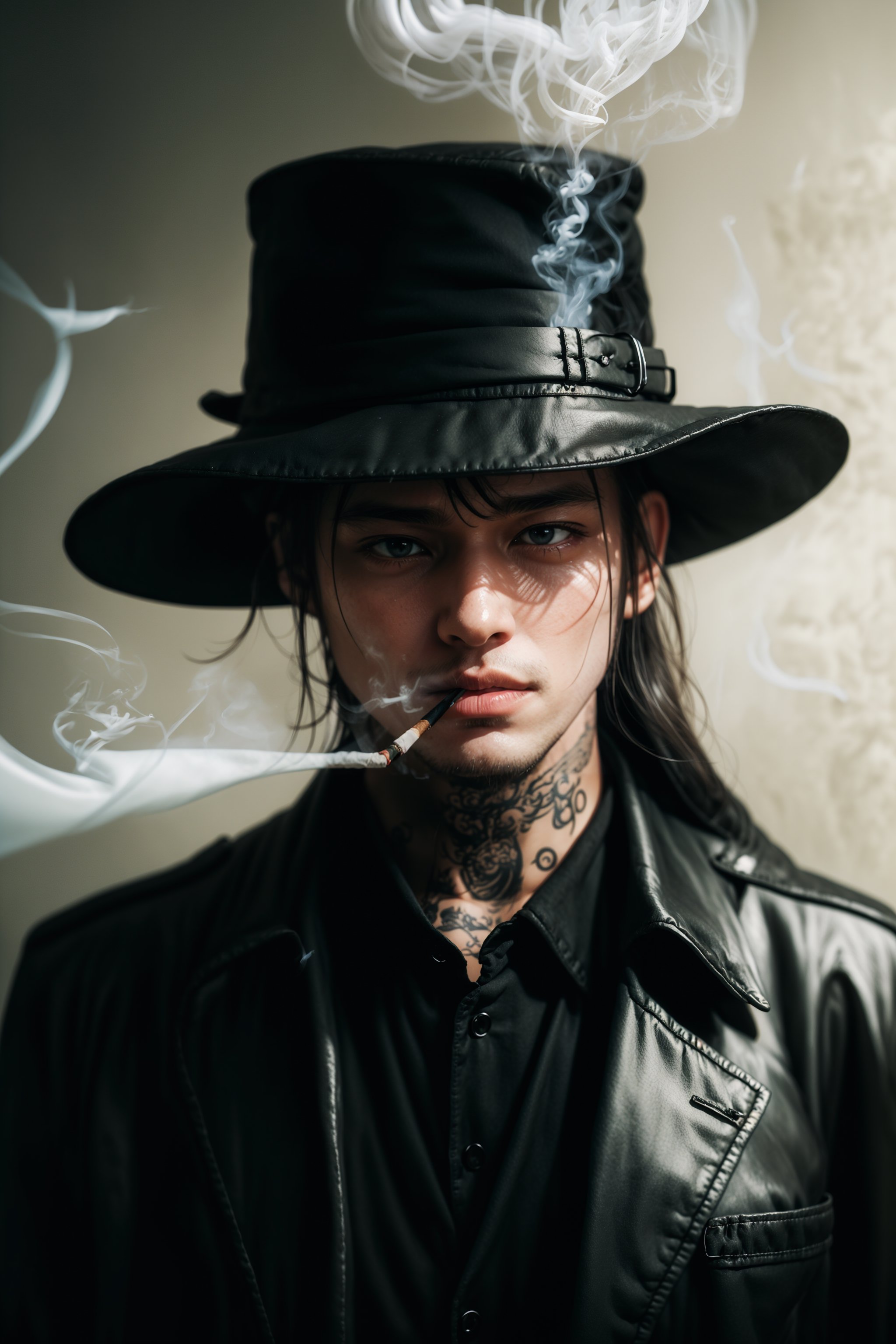  1 man, Undertaker, dark street, Black pants, black leather trench coat, black Levine Hat Amish, black hair, front face, upper_body, cool_vibe, mafia:1.3, black_glass, ((Smoking:1.3)), Cinematic, Movie Still, glowing_in_the_dark, sun glass, long_hair, from above, close_up,cyber_asia , tattoo
