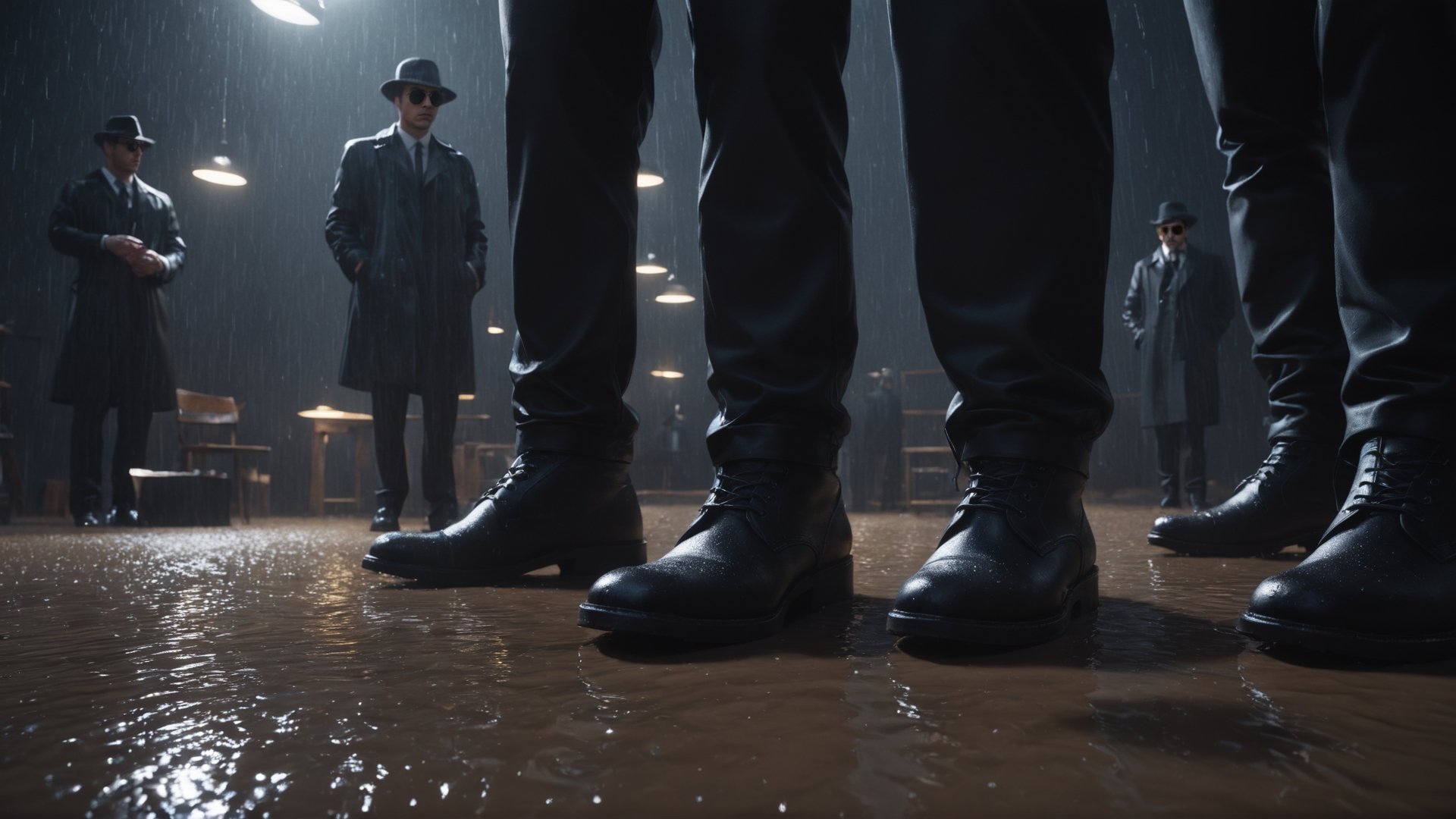 (((view from below, looking down, close up shot, First-person camera))), Cinematic of 4 men in black coats, Fedora hat, sunglasses, gloves, standing around a man as camera laying on stable, wet, mire, dark scene, heavy rain, overcast sky, mid-century. Film Still, realistic, dark color, hyper details, ((center:2)), Masterpiece, 8k Resolution Artstation, Unreal Engine 5, Cgsociety, Octane Photograph, sharp focus, Low_Angle:2, view from shoes