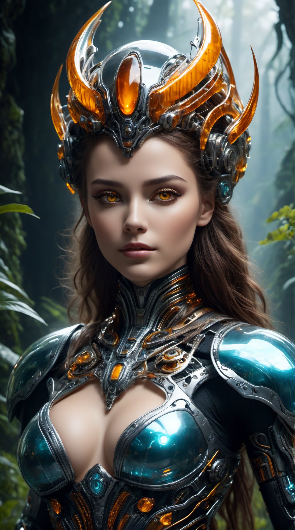 Realistic Photography of beautiful girl. ((A Bio mechanical Cyborg Queen)). The queen is standing in the air. Waterfall forest. The queen has a perfect detailed face, realistic, ((amber glowing eyes:1.5)), glowing energy forcefield, ((big breasts:1.4)), the frozen human body, nature, subsurface scattering, transparent, translucent skin, glow, bloom, Bioluminescent liquid, 3d style, cyborg style, ,Leonardo Style, warm color, vibrant, volumetric light, horn cyborg crown, stunning realistic photograph fantasy art character, full body, 3d render, octane render, intricately detailed, cinematic, trending on artstation, Isometric, Hiperrealistic cover photo, awesome full color, hand drawn, dark:1.3, gritty, hight definition, cinematic, neoprene, behance contest winner, stylized digital art, smooth, ultra high definition, 8k, unreal engine 5, ultra sharp focus, intricate artwork masterpiece, ominous, epic, TanvirTamim, trending on artstation, by artgerm, h. r. giger and Beksiński, highly detailed, vibrant, mechanical_arms, alien_skin, (Transparent bio armor:2), LinkGirl, Alien_humanoid, ((depth of field:1.5)),Movie Still, ,Film Still