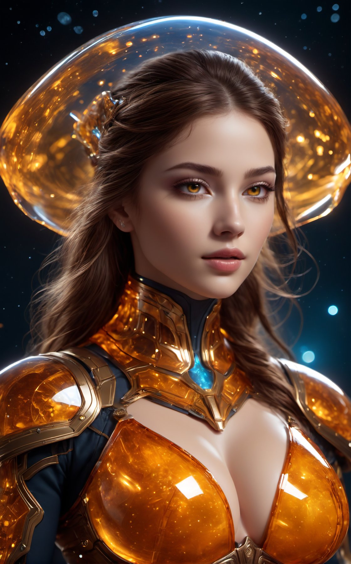 Realistic Photography of beautiful girl. Child of the earth. The queen. Standing in space. (Hovering:1.3), (levitate:1.3). Energy glowing behind the girl. The queen has a perfect detailed face, realistic, ((Amber glowing eyes:1.5)), glowing energy forcefield, ((big breasts:1.5)). The frozen sapphire body, nature, subsurface scattering, translucent skin, glow_in_the_dark, bloom. Bioluminescent orange and transparent liquid, Leonardo Style, warm color, vibrant, volumetric light, transparent helmet, stunning realistic photograph fantasy art character, full body, octane render, intricately detailed, trending on artstation, Hiperrealistic, hand drawn, dark:1.4, gritty, hight definition, neoprene, behance contest winner, ultra high definition, 8k, unreal engine 5, ultra sharp focus, intricate artwork masterpiece, epic, TanvirTamim, by artgerm, vibrant, mechanical_arms, alien_skin, (Transparent bio armor:2), Alien_humanoid, ((depth of field:1.5)), Movie Still, Film Still, Cinematic