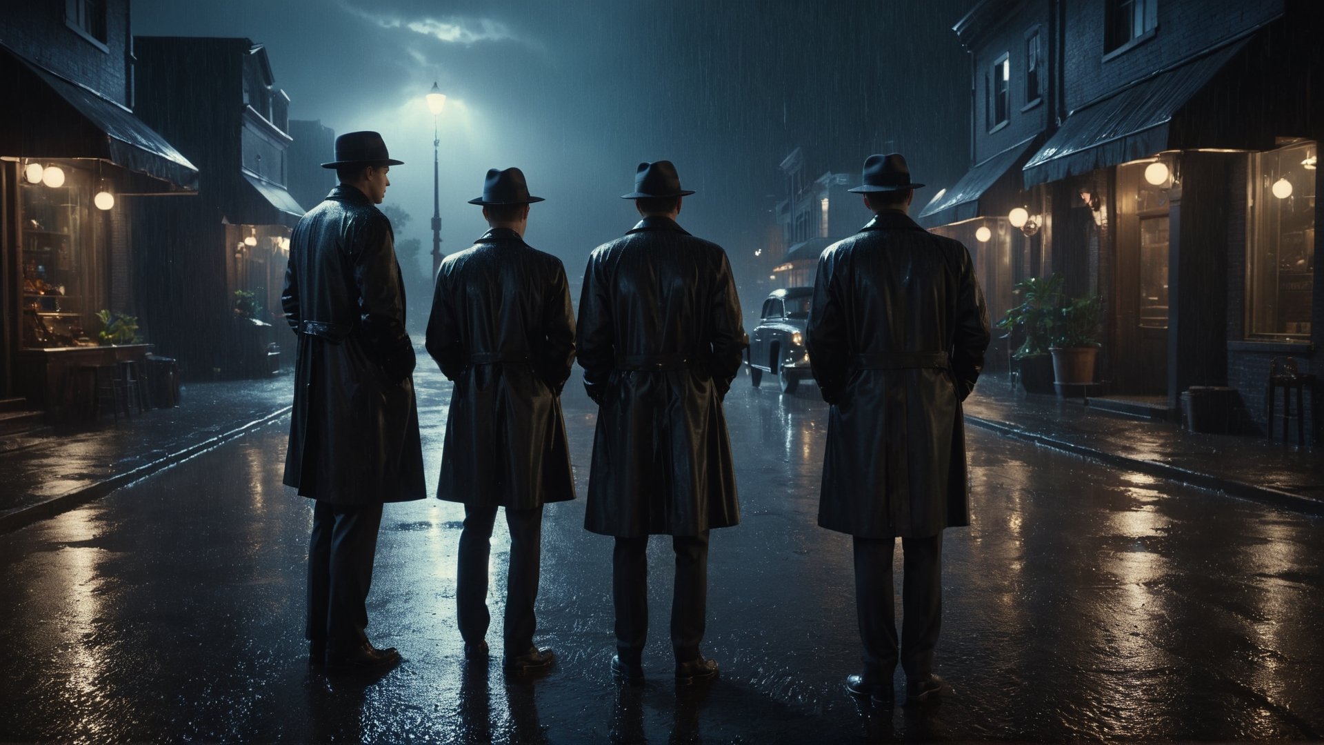 Cinematic of team man in black coats, Fedora, they are standing around a person lay down on mire, wet street, dark scene, raining on street, mid-century. first view of camera. Film Still, realistic, dark color, hyper details, ((center:2)), close up shot