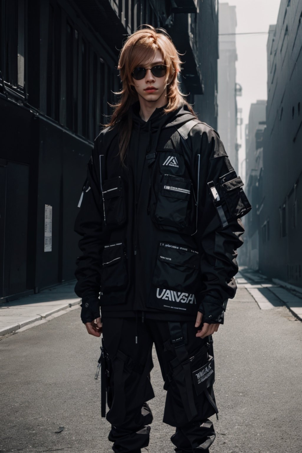 a 30 yo man, ginger long hair, wearing glasses, dark theme, black_clothing, hold in hand a cigarette, soothing tones, muted colors, high contrast, (natural skin texture, hyperrealism, soft light, sharp), blue background, simple background, shine, (((urban techwear))), techwear:1.4,j3fri,prompto argentum 