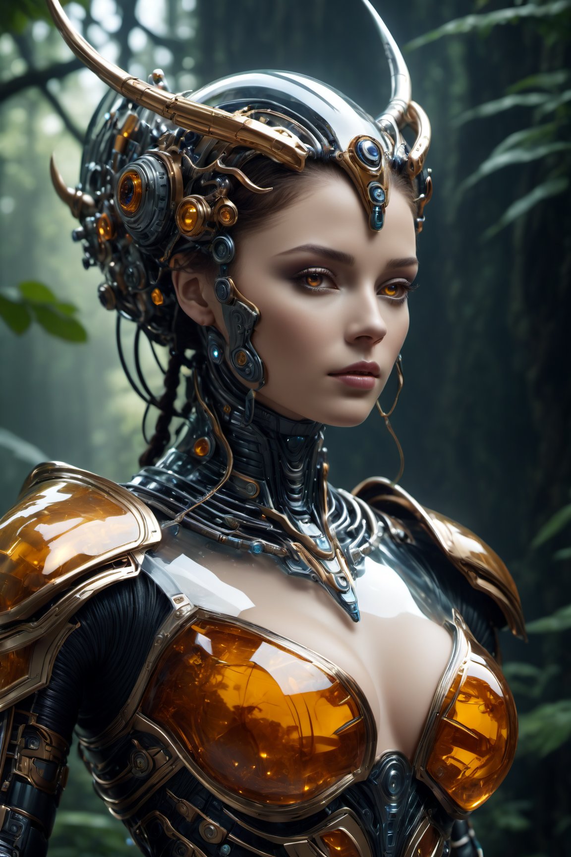 Realistic Photography of beautiful girl. ((A Bio mechanical Cyborg Queen)). The queen is standing in the air. Waterfall forest. The queen has a perfect detailed face, realistic, ((amber glowing eyes:1.5)), glowing energy forcefield, ((big breasts:1.4)), the frozen human body, nature, subsurface scattering, transparent, translucent skin, glow, bloom, Bioluminescent liquid, 3d style, cyborg style, ,Leonardo Style, warm color, vibrant, volumetric light, horn cyborg crown, stunning realistic photograph fantasy art character, full body, 3d render, octane render, intricately detailed, cinematic, trending on artstation, Isometric, Hiperrealistic cover photo, awesome full color, hand drawn, dark, gritty, hight definition, cinematic, neoprene, behance contest winner, stylized digital art, smooth, ultra high definition, 8k, unreal engine 5, ultra sharp focus, intricate artwork masterpiece, ominous, epic, TanvirTamim, trending on artstation, by artgerm, h. r. giger and Beksiński, highly detailed, vibrant, mechanical_arms, alien_skin, (Transparent bio armor:2), LinkGirl, Alien_humanoid, ((depth of field:1.5)),Movie Still, ,Film Still