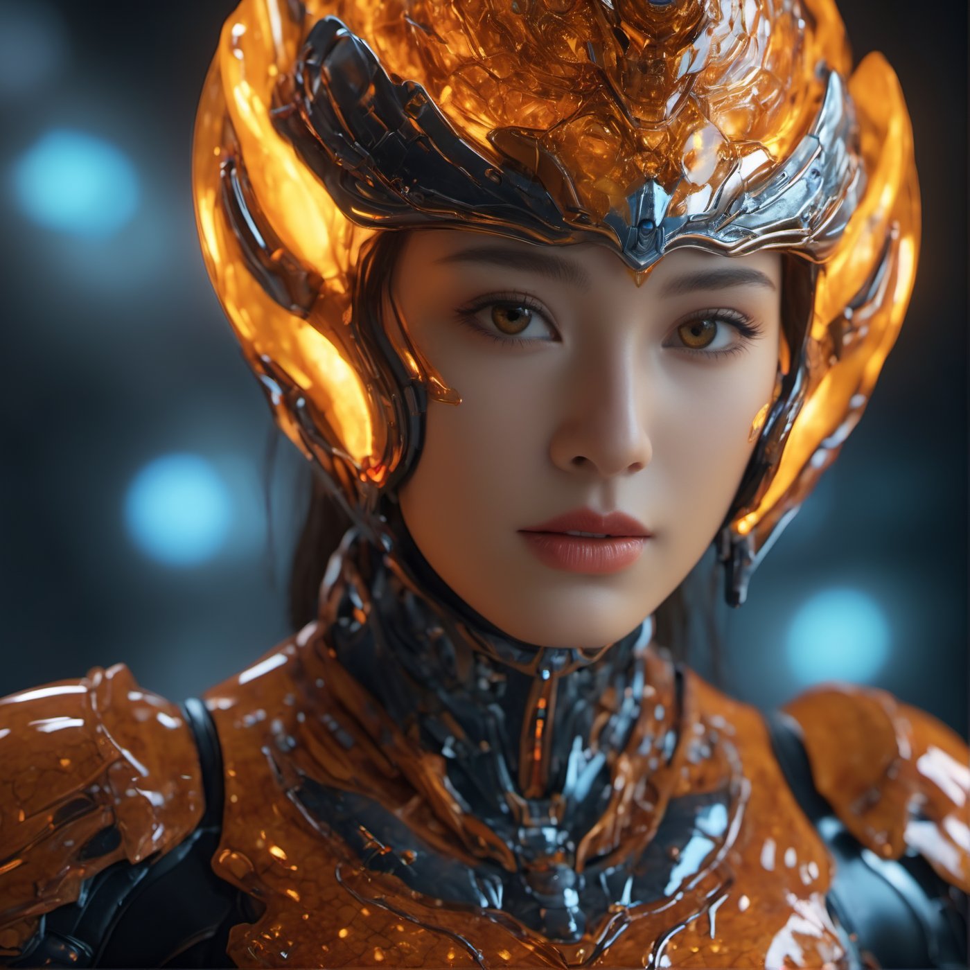 Realistic Photography of beautiful girl. Child of the earth. The queen of space. (Hovering:1.3), (levitate:1.3). Energy glowing behind the girl. The queen has a perfect detailed face, realistic, ((Amber glowing eyes:1.5)), glowing energy forcefield, (big_breasts:1.5). The frozen sapphire body, nature, subsurface scattering, translucent skin, glow_in_the_dark, bloom. Bioluminescent orange and transparent liquid, Leonardo Style, warm color, vibrant, volumetric light, transparent helmet, stunning realistic photograph fantasy art character, (full body:1.4), octane render, intricately detailed, trending on artstation, Hiperrealistic, hand drawn, dark:1.4, gritty, hight definition, neoprene, behance contest winner, ultra high definition, 8k, unreal engine 5, ultra sharp focus, intricate artwork masterpiece, epic, vibrant, mechanical_arms, alien_skin, (Transparent bio armor:1), Naked:1.5, ((depth of field:1.5)), Movie Still, Film Still, Cinematic