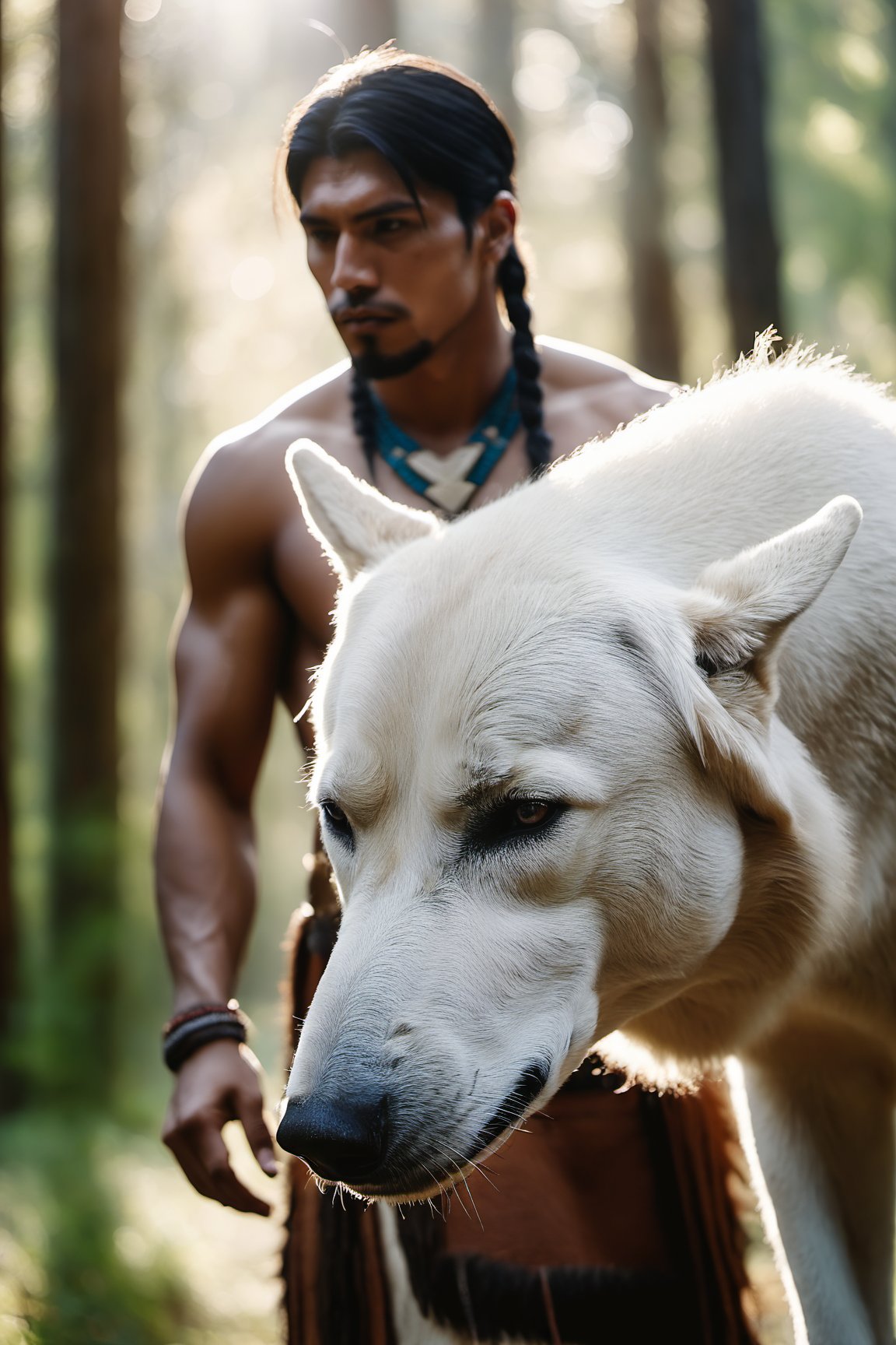 Cinematic of handsome Native Americans, Tribal warrior, brown_skin:1.2, realistic skin, long black hair, dressed in typical tribal warrior clothing, realistic muscle, (Indian hat) | (((Giant  White Wolf from behind a man))), the wolf is bigger than the man, Cinematographic, In the middle of a deep and dark forest. Leonardo Style, realistic film shot in natural light, best quality, 8k, detailed hand, detailed finger, high detail, accessory details, cover_foot, Film Still, (Depth of field:1.3), Bokeh light, glowing,male, ((full_body shot)), face to face, looking_at_viewer