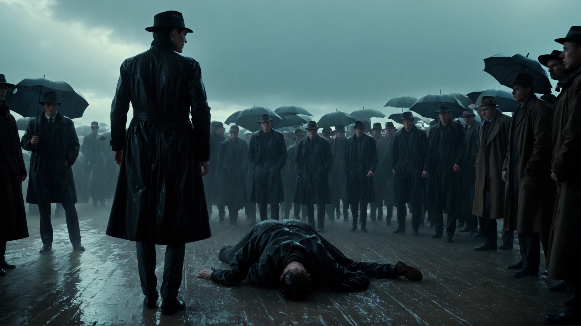 (((Cinematic of team man in black coats, Fedora hat, standing around a man like Cillian Murphy fainting on stable, wet, mire, examination, overcast sky))), dark scene, heavy rain, mid-century. Film Still, realistic, dark color, hyper details, ((center:1.5)), low_view:2, moviemaker style,ghost person