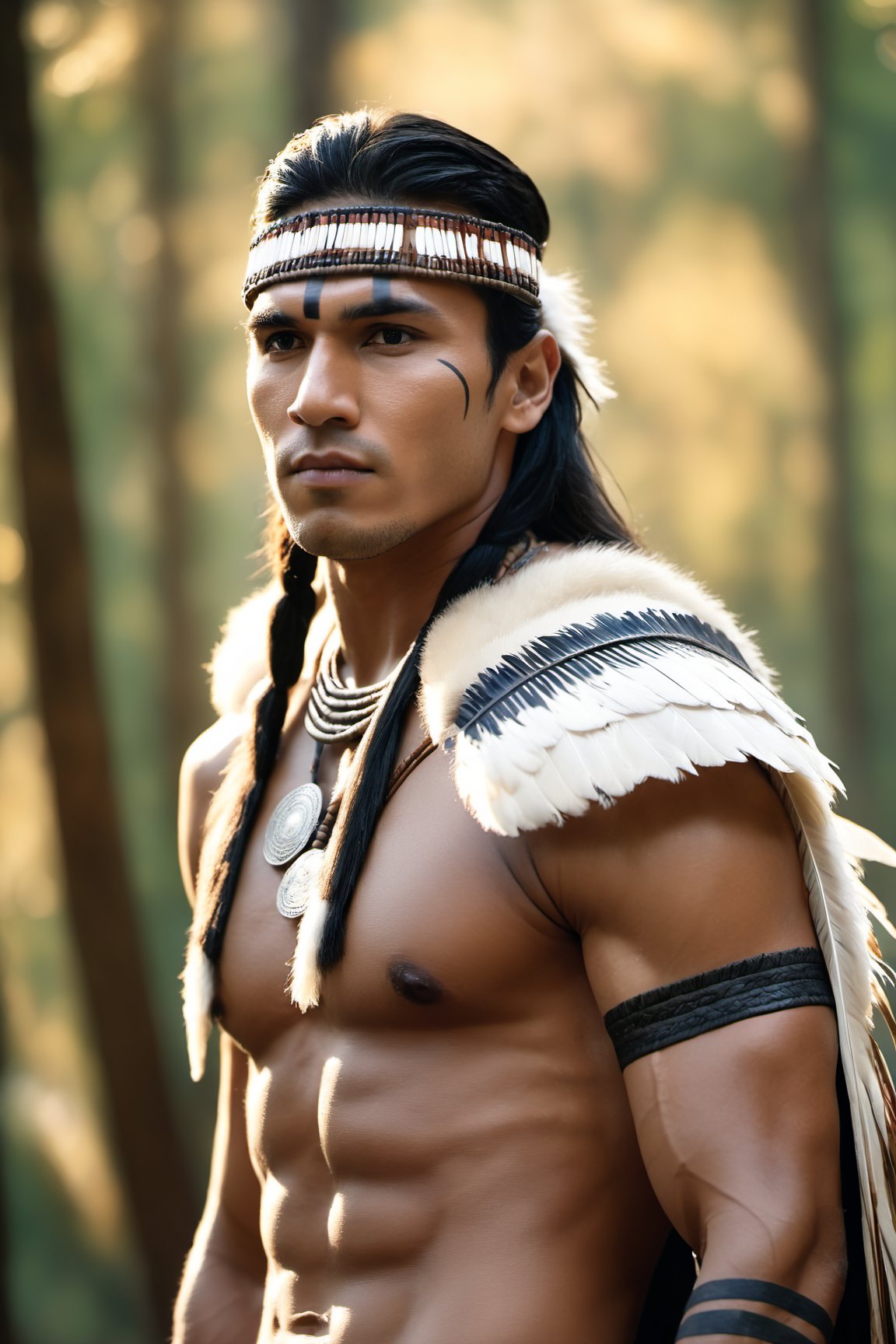 Cinematic of handsome Native Americans, Tribal warrior, brown_skin:1.2, with shaman tattoo, realistic skin, (Tribal bird feather hat), long black hair, dressed in typical tribal warrior clothing, realistic muscle | (((Giant  White Wolf from behind a man))), the wolf is bigger than the man, Cinematographic, In the middle of a deep and dark forest. Leonardo Style, realistic film shot in natural light, best quality, 8k, detailed hand, detailed finger, high detail, accessory details, cover_foot, Film Still, (Depth of field:1.3), Bokeh light, glowing,male, ((full_body shot)), (proud stance:1.5), (together)