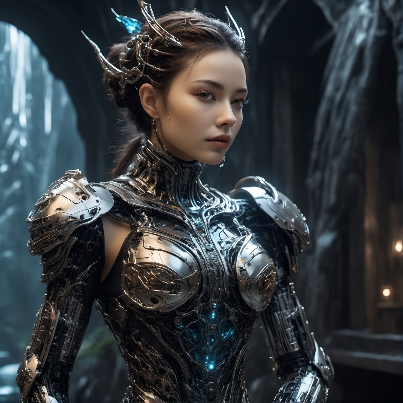 Realistic Photography of beautiful girl. ((A Bio mechanical Cyborg Queen)). The queen is standing in the air. Waterfall forest. The queen has a perfect detailed face, realistic, ((amber glowing eyes:1.5)), glowing energy forcefield, ((big breasts:1.4)), the frozen human body, nature, subsurface scattering, transparent, translucent skin, glow, bloom, Bioluminescent liquid, 3d style, cyborg style, ,Leonardo Style, warm color, vibrant, volumetric light, horn cyborg crown, stunning realistic photograph fantasy art character, full body, 3d render, octane render, intricately detailed, cinematic, trending on artstation, Isometric, Hiperrealistic cover photo, awesome full color, hand drawn, dark, gritty, hight definition, cinematic, neoprene, behance contest winner, stylized digital art, smooth, ultra high definition, 8k, unreal engine 5, ultra sharp focus, intricate artwork masterpiece, ominous, epic, TanvirTamim, trending on artstation, by artgerm, h. r. giger and Beksiński, highly detailed, vibrant, mechanical_arms, alien_skin, (Transparent bio armor:2), LinkGirl, Alien_humanoid, ((depth of field:1.5)),Movie Still, ,Film Still