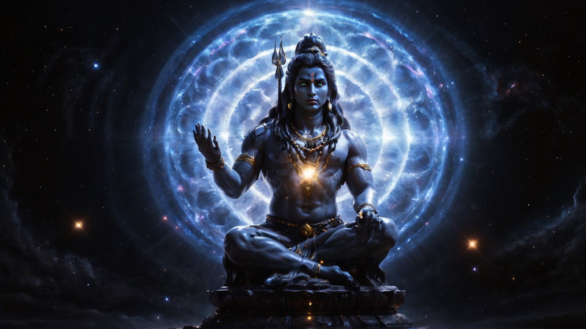 (((Cinematic a transparent of giant portrait Lord Shiva in center universe))), serene, Epic scene, God of destruction, stars, galaxy surround, glowing, aura, floating objects, magnetic field