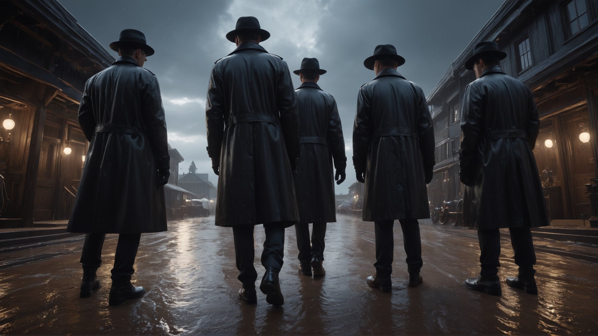 (((view from below, looking down, close up shot, First-person camera))), Cinematic of 4 men in black coats, Fedora hat, sunglasses, gloves, standing around a man as camera laying on stable, wet, mire, dark scene, heavy rain, overcast sky, mid-century. Film Still, realistic, dark color, hyper details, ((center:2)), Masterpiece, 8k Resolution Artstation, Unreal Engine 5, Cgsociety, Octane Photograph, sharp focus, Low_Angle:2, view from shoes