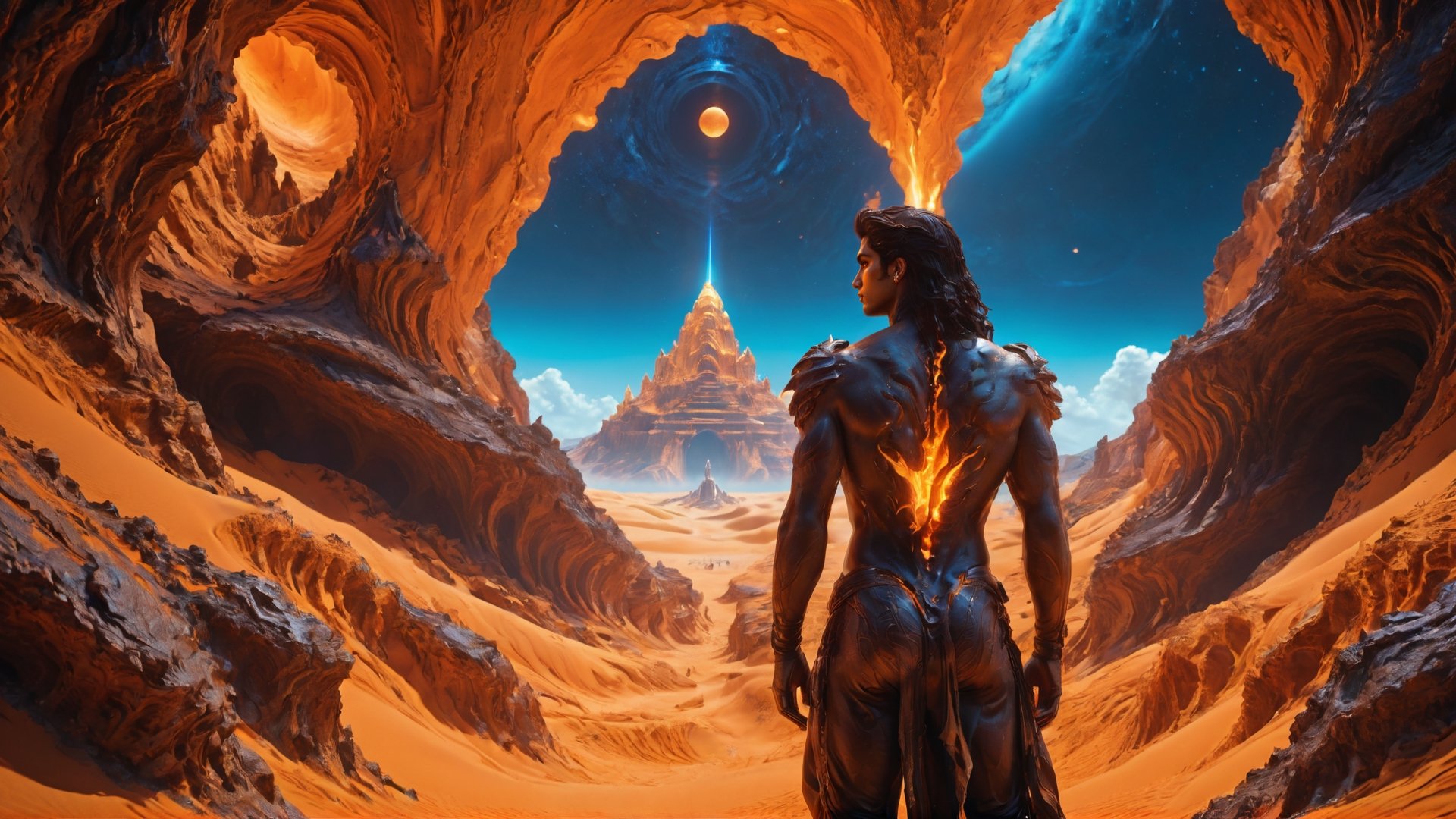(((Cinematic of giant_man, Shiva:2, upper_body, stay in the sky, Wearing Outfit Dune style, serene, center))), a deep orange Cave, Glowing, aura, energy, floating debris, Film Still, realistic, Venus Frequency vibration, hyper details, Renaissance Sci-Fi Fantasy