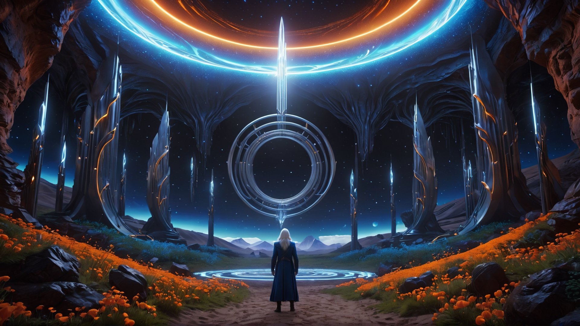 (Cinematic of a zen man Nordic kind, white long hair, body levitate, standing, calm. Wearing Blue Outfit Dune style, serene, center), inside a deep orange Cave, perfect knuckles, holding a hovering Cristal sharpen, cultivating immortals, magical, abstract, dark, (swirling_lights:1.7), bloom, floating objects, iron deer, light on top heaven, ((Epic scene, gate energy)), refers to a place of wild uproar or chaos, polarization, Glowing, aura, energy, floating debris. Modern art style, promptshare.art, horrible scene, Film Still, realistic, Frequency vibration, hyper details, Renaissance Sci-Fi Fantasy, ((((Close-up shot)))