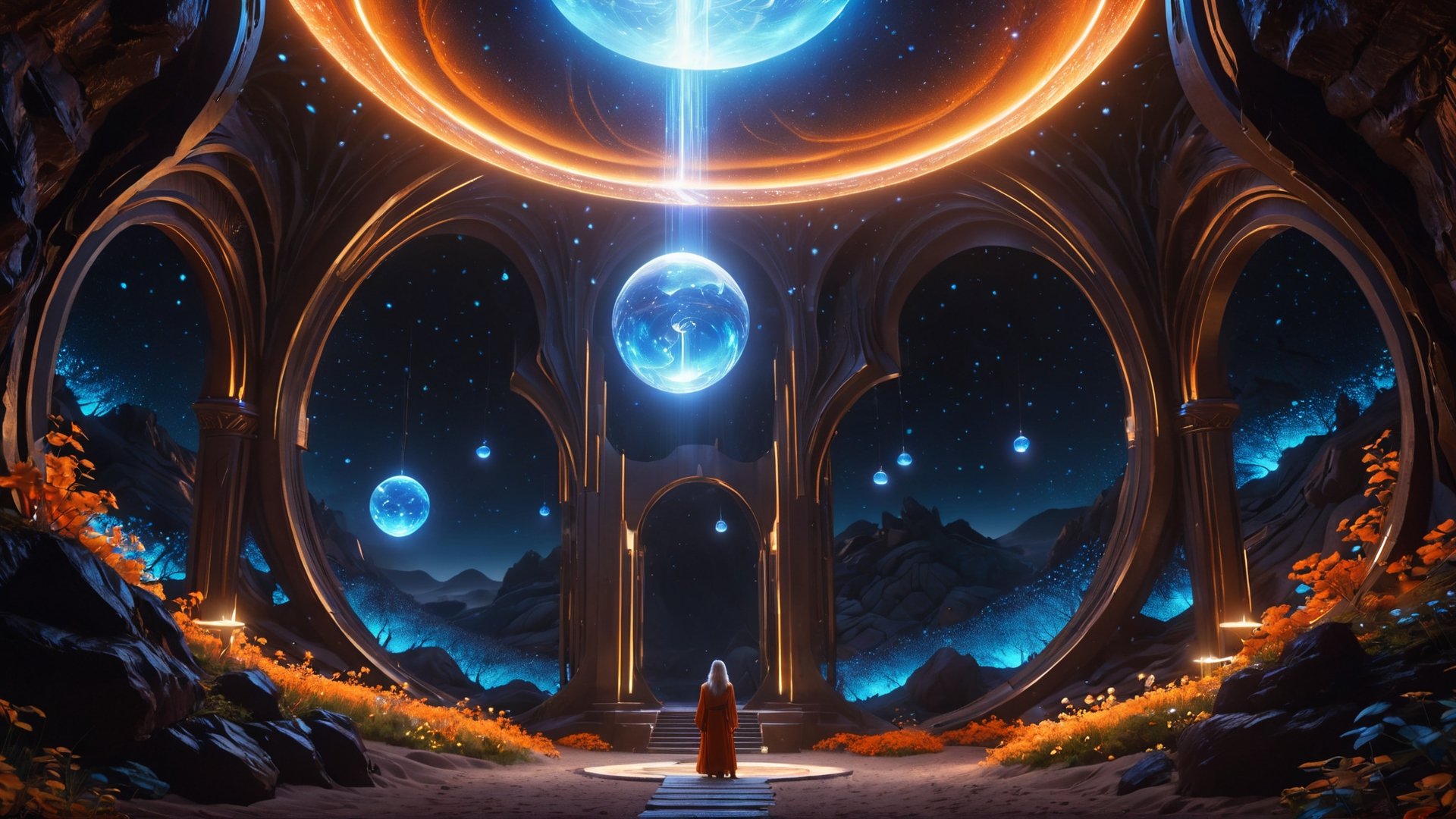 (Cinematic of a zen Nordic man kind, white long hair, hovering body, meditate. Wearing Blue Outfit Dune style, serene), inside a deep orange Cave, perfect knuckles, holding a hovering Cristal sharpen, cultivating immortals, magical, abstract, dark, (swirling_lights:1.7), bloom, floating object, light on top heaven, ((Epic scene, gate energy)), refers to a place of wild uproar or chaos, polarization, Glowing, aura, energy, floating debris. Modern art style, promptshare.art, horrible scene, Film Still, realistic, Frequency vibration, hyper details, Renaissance Sci-Fi Fantasy, (Closeup_shot:2, Low Angle)