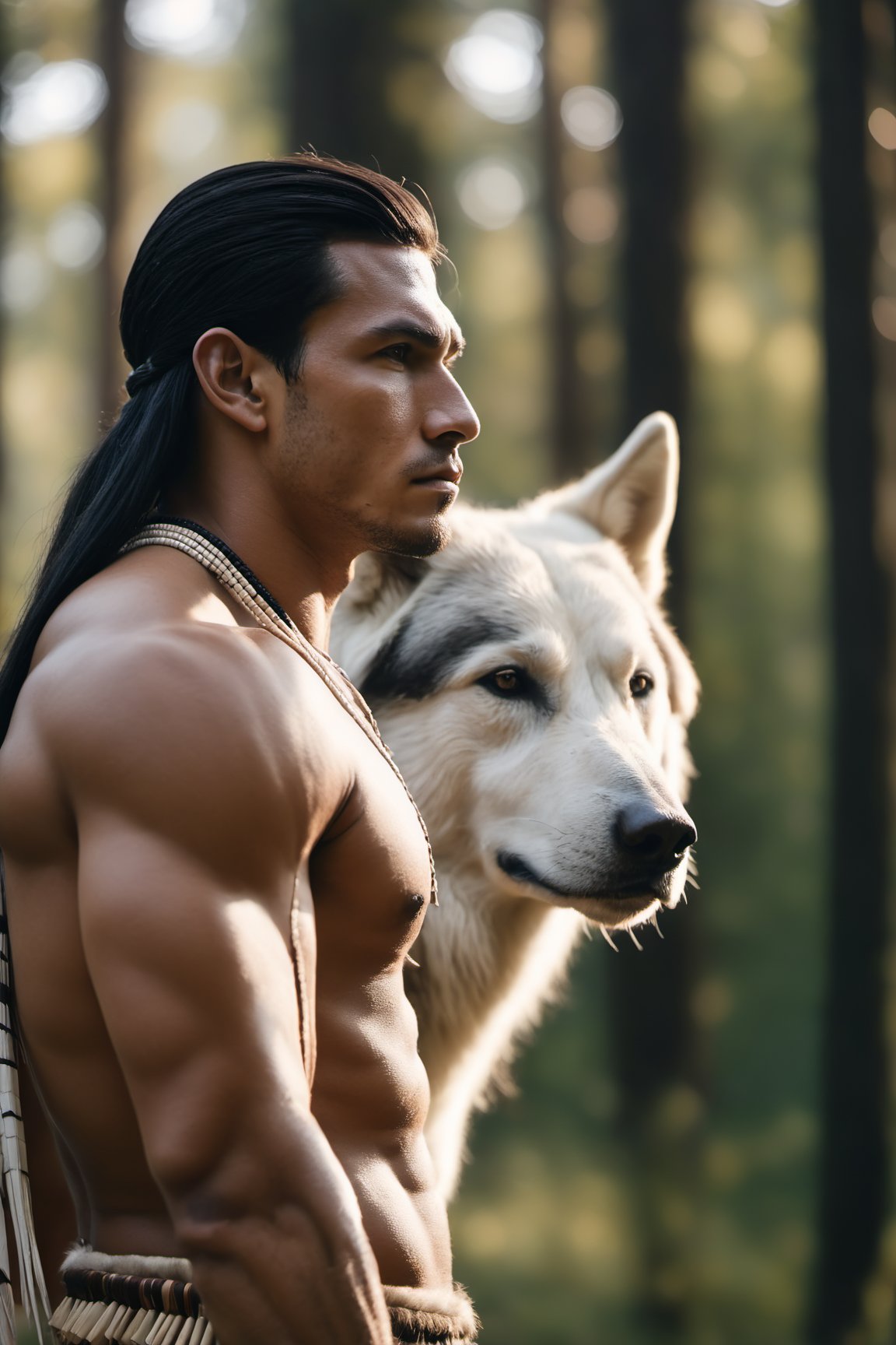 Cinematic of handsome Native Americans, Tribal warrior, brown_skin:1.2, realistic skin, long black hair, dressed in typical tribal warrior clothing, realistic muscle, (Indian hat) | (((Giant  White Wolf from behind a man))), the wolf is bigger than the man, Cinematographic, In the middle of a deep and dark forest. Leonardo Style, realistic film shot in natural light, best quality, 8k, detailed hand, detailed finger, high detail, accessory details, cover_foot, Film Still, (Depth of field:1.3), Bokeh light, glowing,male, ((full_body shot)), face to face, looking_at_viewer