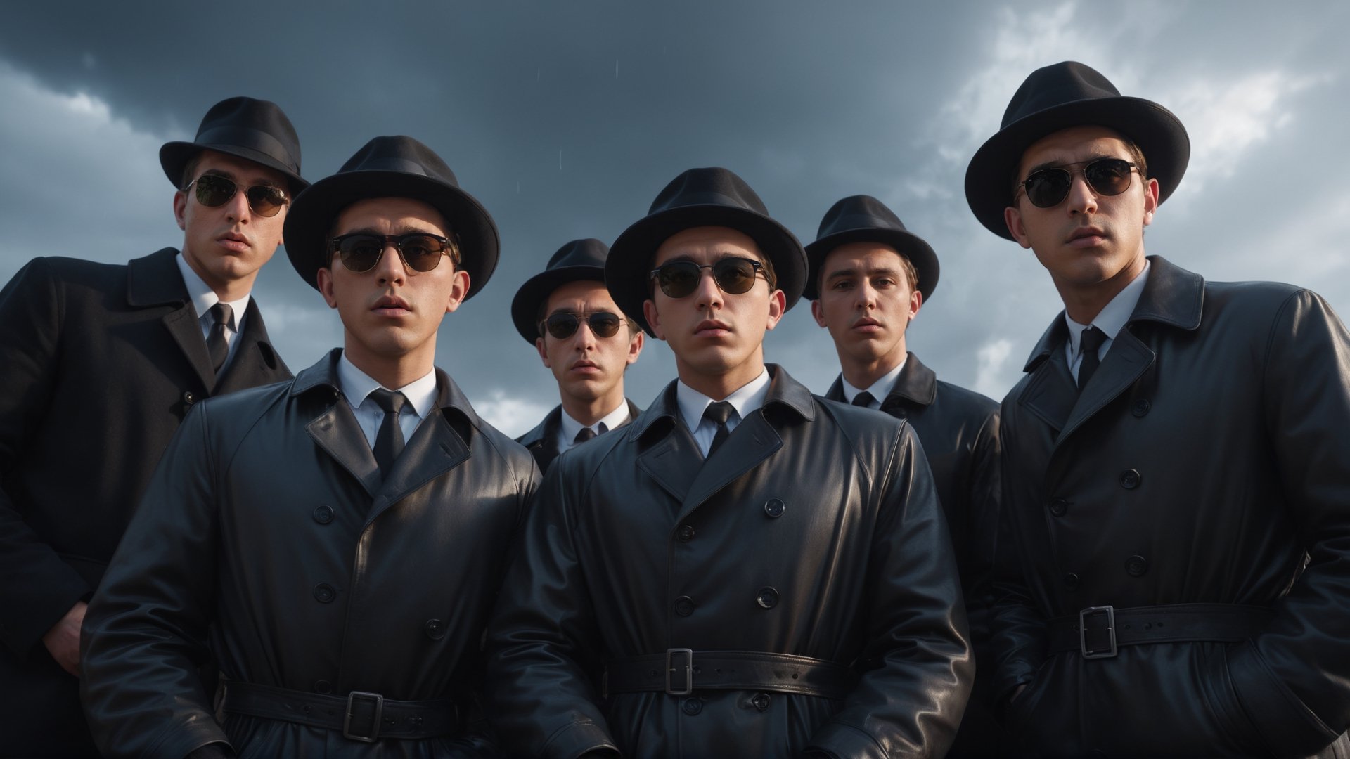 (((view from below, looking down, holding_flash, close up shot, First_person_camera:1.8, fish_eye_camera))), Cinematic of 4 men in black coats, Fedora hat, sunglasses, gloves, standing around a man as camera laying on stable, wet, mire, dark scene, heavy rain, overcast sky, mid-century. Film Still, realistic, dark color, hyper details, ((center:2)), Masterpiece, 8k Resolution Artstation, Unreal Engine 5, Cgsociety, Octane Photograph, sharp focus, Low_Angle:1.8, view from ground to face, looking camera.