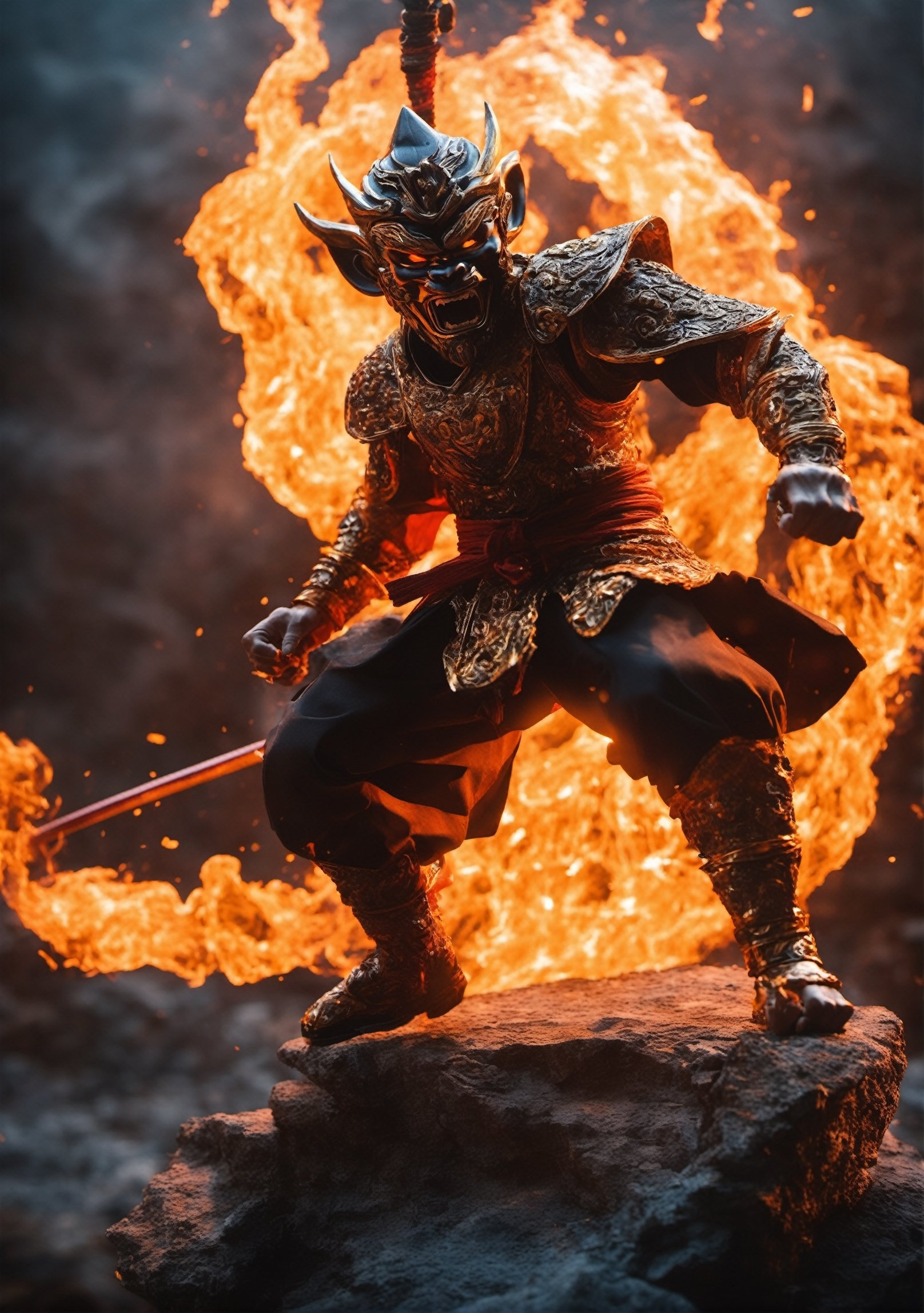 Cinematic a Black Wukong, Monkey king, black monk clothes, in inferno, growl, (levitating body, floating rock:1.4), ((anger's fiery fury)), energy_flowing_chaotic, angry vibe, dynamic pose, upper_body, Epic zenith, fantasy theme, Depth of field, Film Still, pretopasin, abstract, traditional media, casting spell, oni style,NightmareFlame, closeup, upper_body,sayaairie