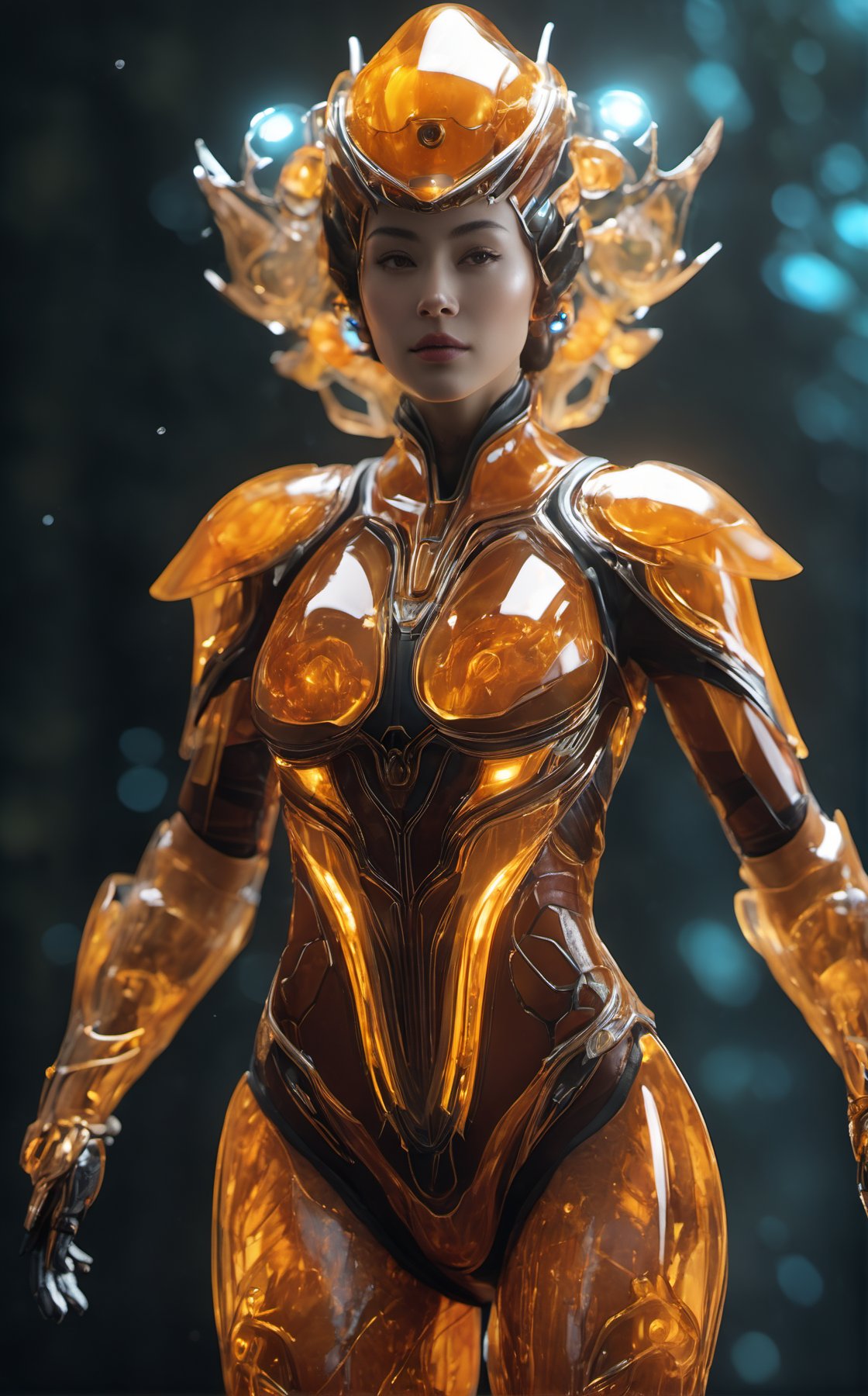 Realistic Photography of beautiful girl. Child of the earth. The queen. Standing in space. (Hovering:1.3), (levitate:1.3). Energy glowing behind the girl. The queen has a perfect detailed face, realistic, ((Amber glowing eyes:1.5)), glowing energy forcefield, (big_breasts:1.5). The frozen sapphire body, nature, subsurface scattering, translucent skin, glow_in_the_dark, bloom. Bioluminescent orange and transparent liquid, Leonardo Style, warm color, vibrant, volumetric light, transparent helmet, stunning realistic photograph fantasy art character, (full body:1.4), octane render, intricately detailed, trending on artstation, Hiperrealistic, hand drawn, dark:1.4, gritty, hight definition, neoprene, behance contest winner, ultra high definition, 8k, unreal engine 5, ultra sharp focus, intricate artwork masterpiece, epic, vibrant, mechanical_arms, alien_skin, (Transparent bio armor:2), Naked:1.5, ((depth of field:1.5)), Movie Still, Film Still, Cinematic