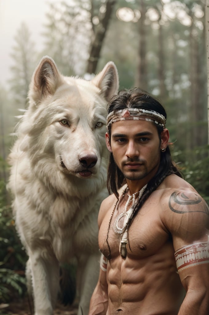 Cinematic of handsome Native Americans, Tribal warrior, brown_skin:1.2, with shaman tattoo, realistic skin, (Tribal bird feather hat), long black hair, realistic muscle | (((Giant  White Wolf from behind a man))), the wolf is bigger than the man, Cinematographic, In the middle of a deep and dark forest. Leonardo Style, realistic film shot in natural light, best quality, 8k, detailed hand, detailed finger, high detail, accessory details, cover_foot, Film Still, (Depth of field:1.3), Bokeh light, glowing,male, ((full_body shot)), (proud stance:1.5), (together),Detailedface,Sexy Muscular, mustache:0,1, naked, Do_Mixi