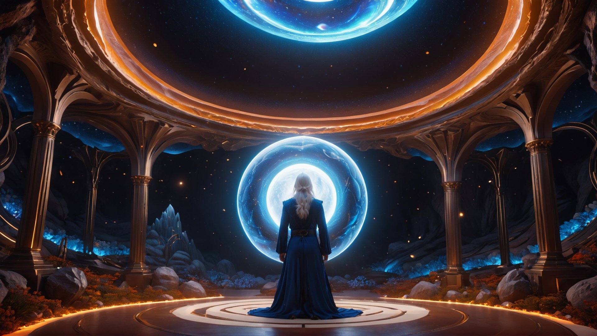 (Cinematic of a zen master Nordic man kind, white long hair, hovering body, meditate. Wearing Blue Outfit Dune style, serene), inside a deep orange Cave, perfect knuckles, holding a hovering Cristal sharpen, magical, abstract, dark, swirling lights, bloom, floating objectlight on top heaven, ((Epic scene, gate energy)), refers to a place of wild uproar or chaos, polarization, Glowing, aura, energy, floating debris. Modern art style, promptshare.art, horrible scene, Film Still, realistic, Frequency vibration, hyper details, Renaissance Sci-Fi Fantasy, (Closeup_shot:2, Low Angle)