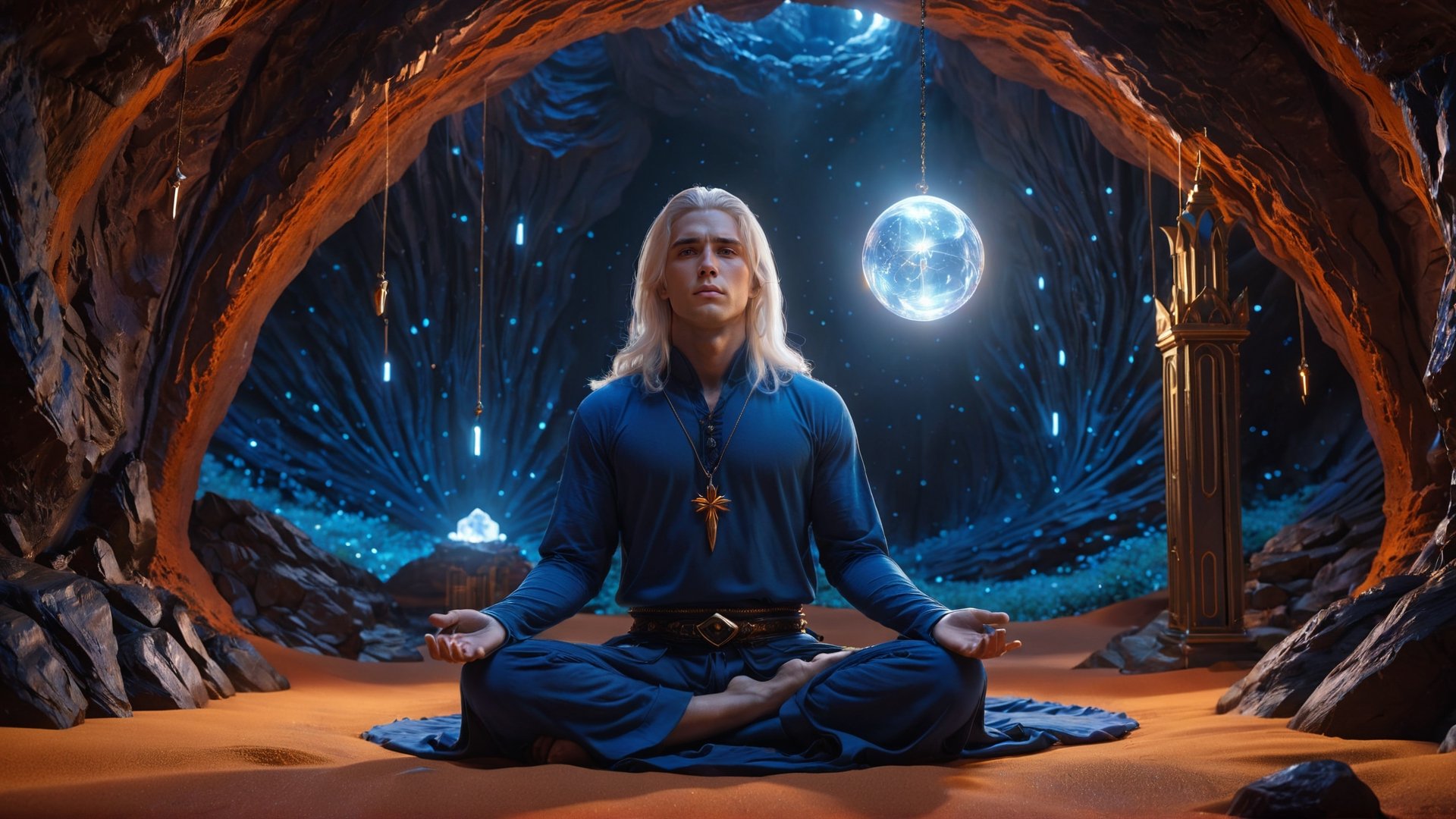 (Cinematic of a young Nordic man, white long hair, meditating. Wearing Blue Outfit Dune style, serene), inside a deep orange Cave, holding a hovering Cristal sharpen, light on top heaven, ((Epic scene, gate energy)), refers to a place of wild uproar or chaos, polarization, Glowing, aura, energy, floating debris. Modern art style, promptshare.art, horrible scene, Film Still, realistic, Frequency vibration, hyper details, Renaissance Sci-Fi Fantasy, (Close up shot,portrait)