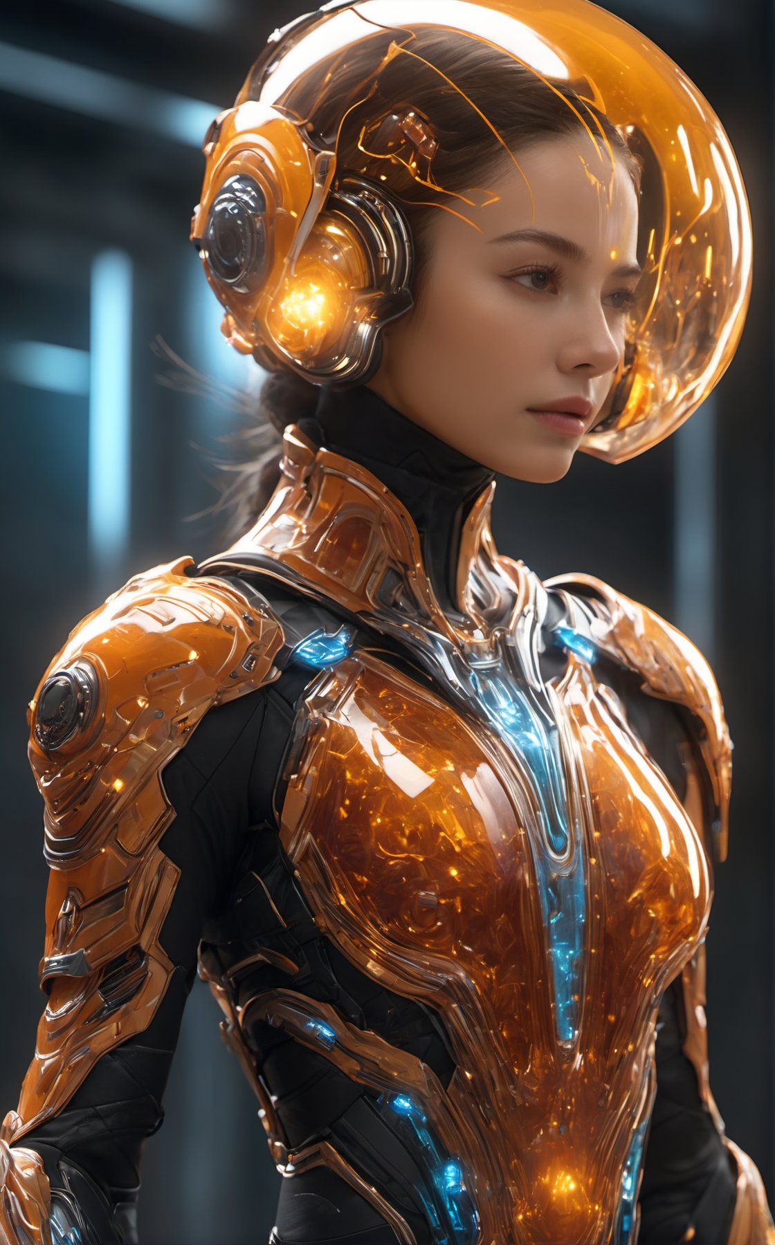 Realistic Photography of beautiful girl. Child of the earth. The queen. Standing in space. (Hovering:1.3), (levitate:1.3). Energy glowing behind the girl. The queen has a perfect detailed face, realistic, ((Amber glowing eyes:1.5)), glowing energy forcefield, ((big breasts:1.5)). The frozen sapphire body, nature, subsurface scattering, translucent skin, glow_in_the_dark, bloom. Bioluminescent orange and transparent liquid, Leonardo Style, warm color, vibrant, volumetric light, transparent helmet, stunning realistic photograph fantasy art character, full body, octane render, intricately detailed, trending on artstation, Hiperrealistic, hand drawn, dark:1.4, gritty, hight definition, neoprene, behance contest winner, ultra high definition, 8k, unreal engine 5, ultra sharp focus, intricate artwork masterpiece, epic, TanvirTamim, by artgerm, vibrant, mechanical_arms, alien_skin, (Transparent bio armor:2), Alien_humanoid, ((depth of field:1.5)), Movie Still, Film Still, Cinematic