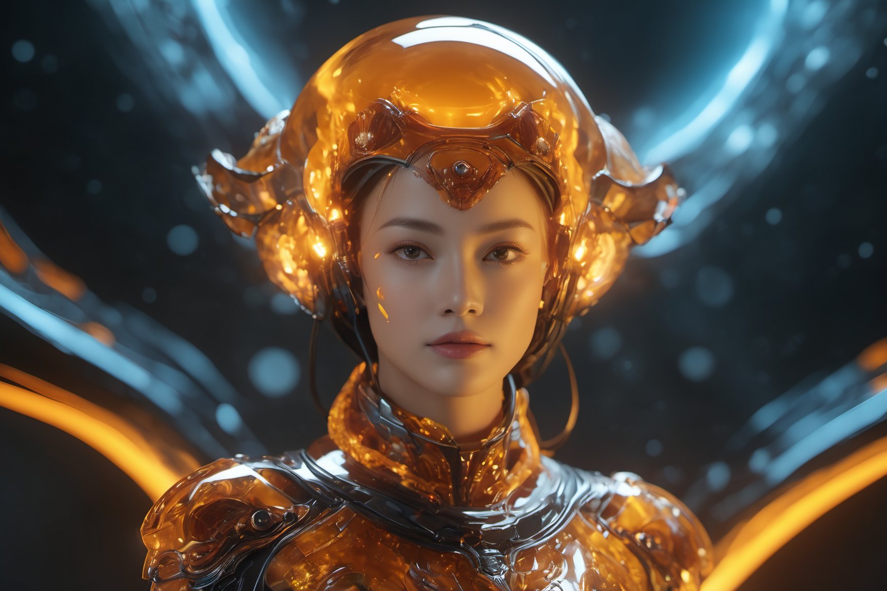 Realistic Photography of beautiful girl. Child of the earth. The queen of space. (Hovering:1.3), (levitate:1.3). Energy glowing behind the girl. The queen has a perfect detailed face, realistic, ((Amber glowing eyes:1.5)), glowing energy forcefield, (big_breasts:1.5). The frozen sapphire body, nature, subsurface scattering, translucent skin, glow_in_the_dark, bloom. Bioluminescent orange and transparent liquid, Leonardo Style, warm color, vibrant, volumetric light, transparent helmet, stunning realistic photograph fantasy art character, (full body:1.4), octane render, intricately detailed, trending on artstation, Hiperrealistic, hand drawn, dark:1.4, gritty, hight definition, neoprene, behance contest winner, ultra high definition, 8k, unreal engine 5, ultra sharp focus, intricate artwork masterpiece, epic, vibrant, mechanical_arms, alien_skin, (Transparent bio armor:1), Naked:1.5, ((depth of field:1.5)), Movie Still, Film Still, Cinematic