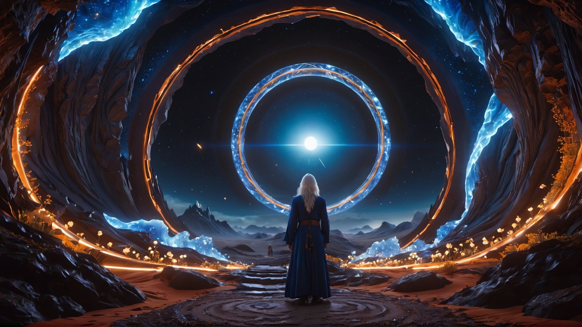 (Cinematic of a zen master Nordic man kind, white long hair, hovering body, meditate. Wearing Blue Outfit Dune style, serene), inside a deep orange Cave, perfect knuckles, holding a hovering Cristal sharpen, magical, abstract, dark, swirling lights, bloom, floating object, light on top heaven, ((Epic scene, gate energy)), refers to a place of wild uproar or chaos, polarization, Glowing, aura, energy, floating debris. Modern art style, promptshare.art, horrible scene, Film Still, realistic, Frequency vibration, hyper details, Renaissance Sci-Fi Fantasy, (Closeup_shot:2, Low Angle)
